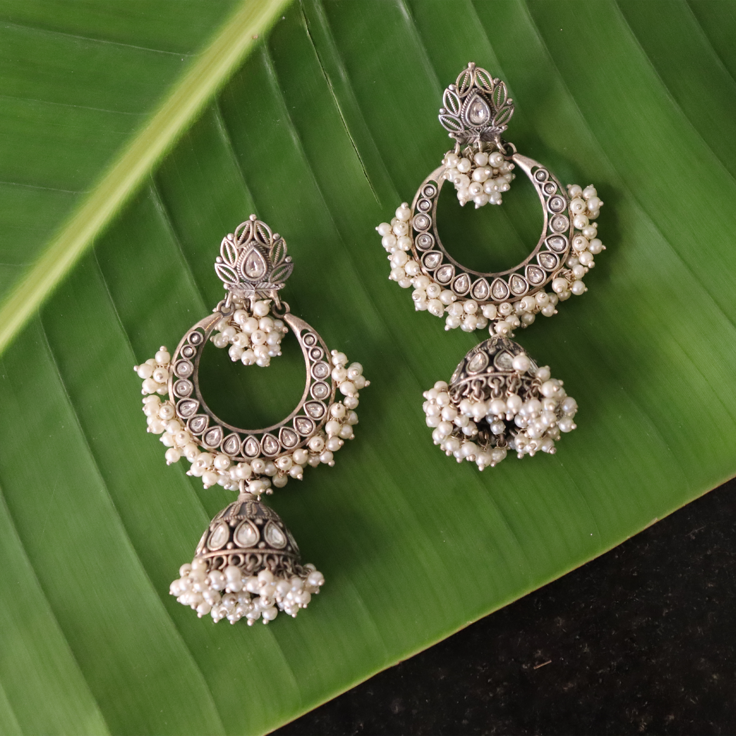 Pure Silver Crystal Pearl Chandbali