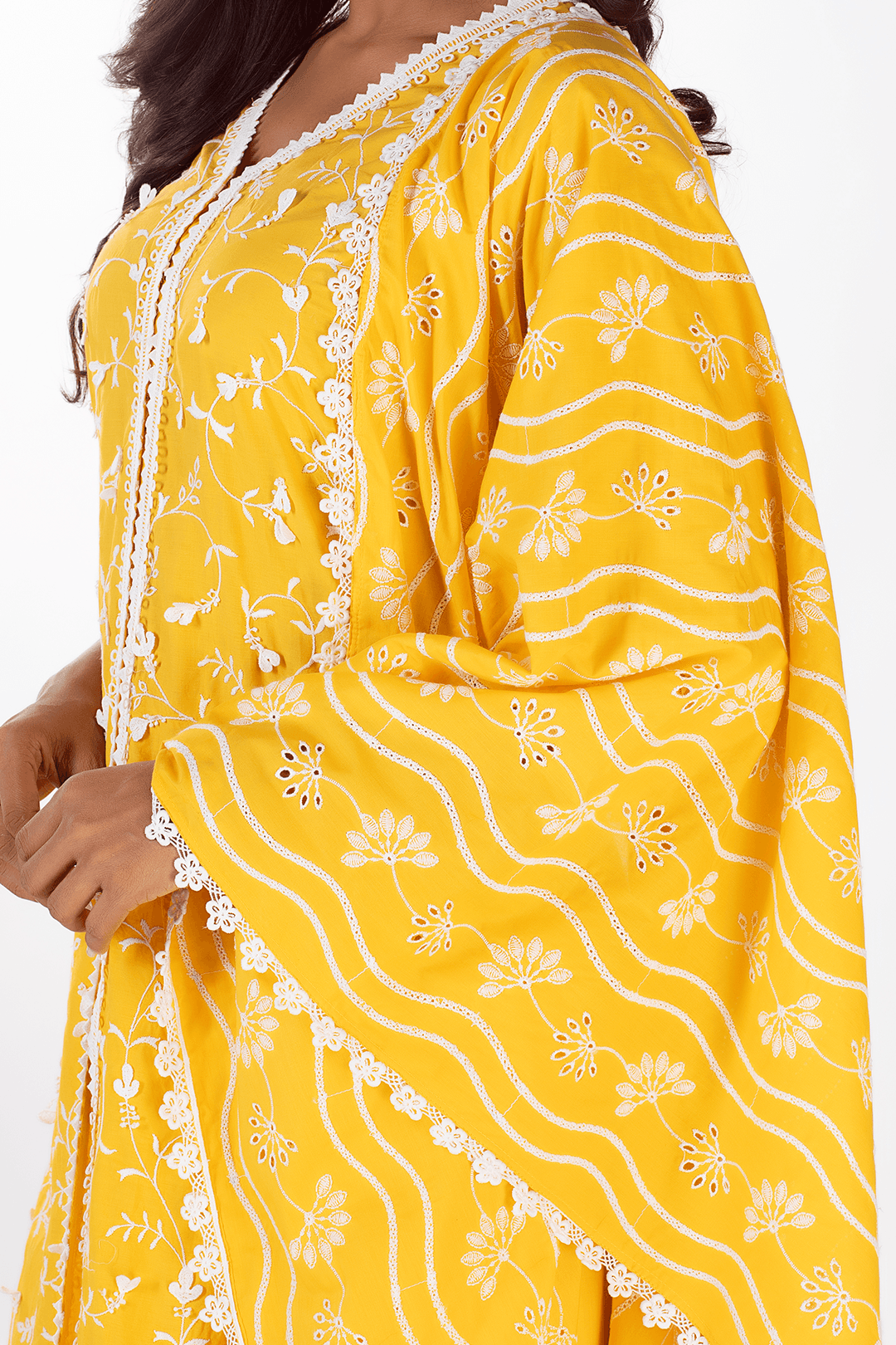 Mulmul Cotton Poetry Mango Kurta With Ladder Lace White Pyajama