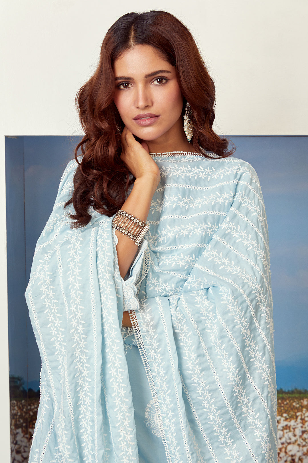Mulmul Supima Cotton Dreamscape Light Blue Kurta