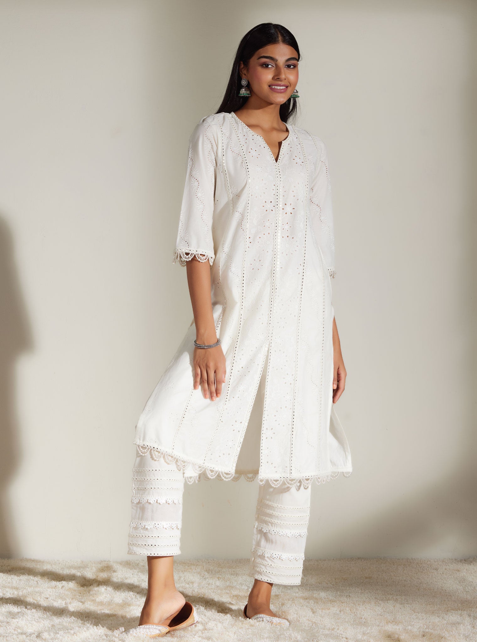 Mulmul Supima Cotton Cara White Kurta