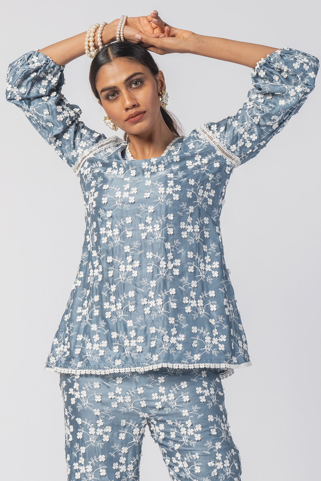 Mulmul Cupro Eloise Blue Top With Eloise Blue Pant
