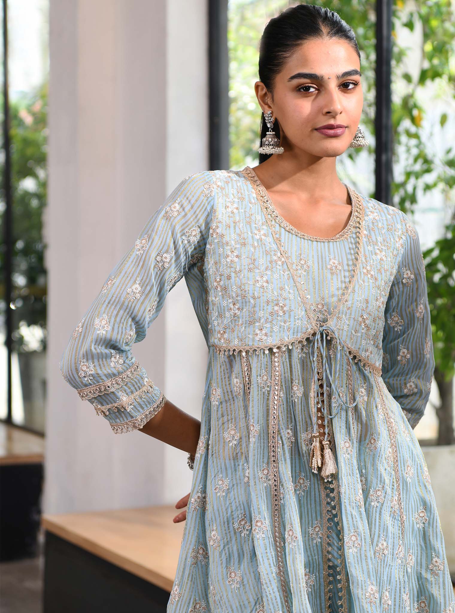Mulmul Banarsi Finsbury Short Blue Anarkali Kurta
