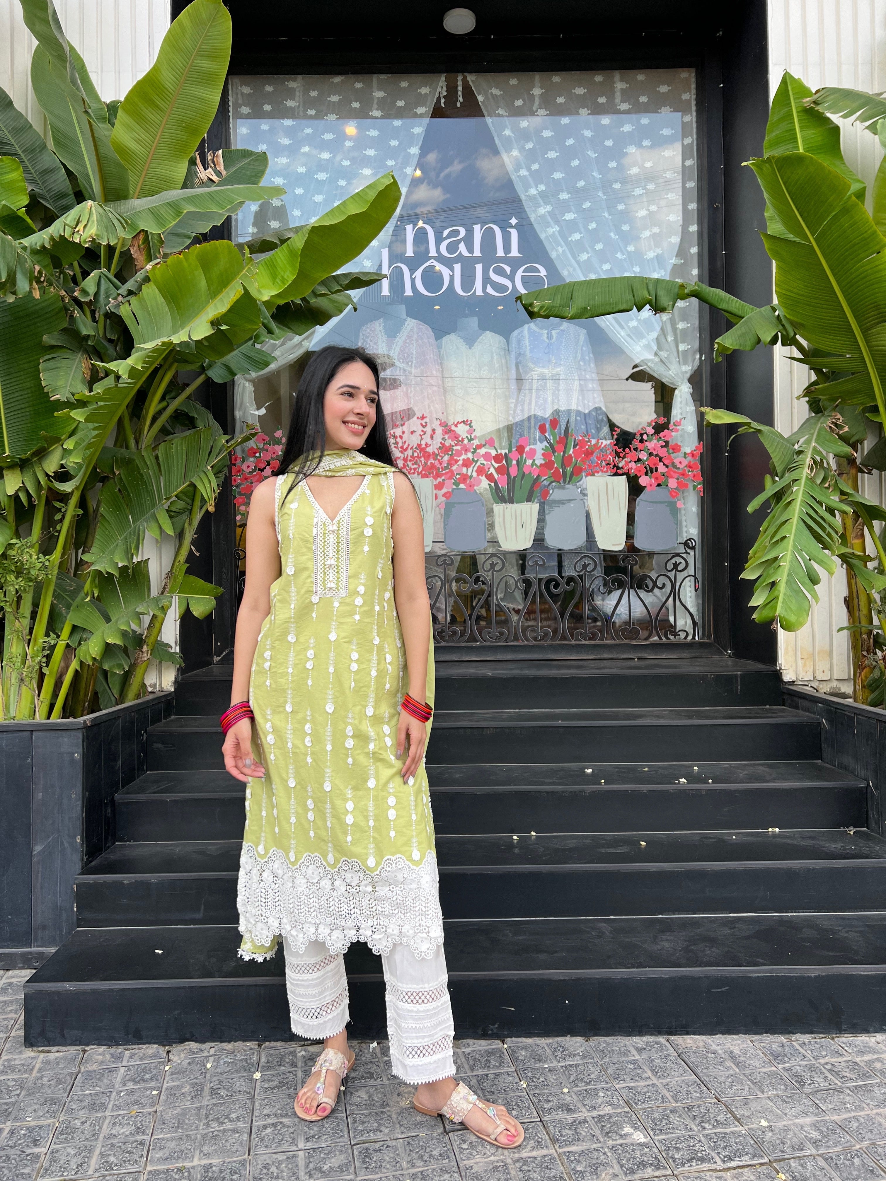 Mulmul Supima Cotton Naroa Lime kurta