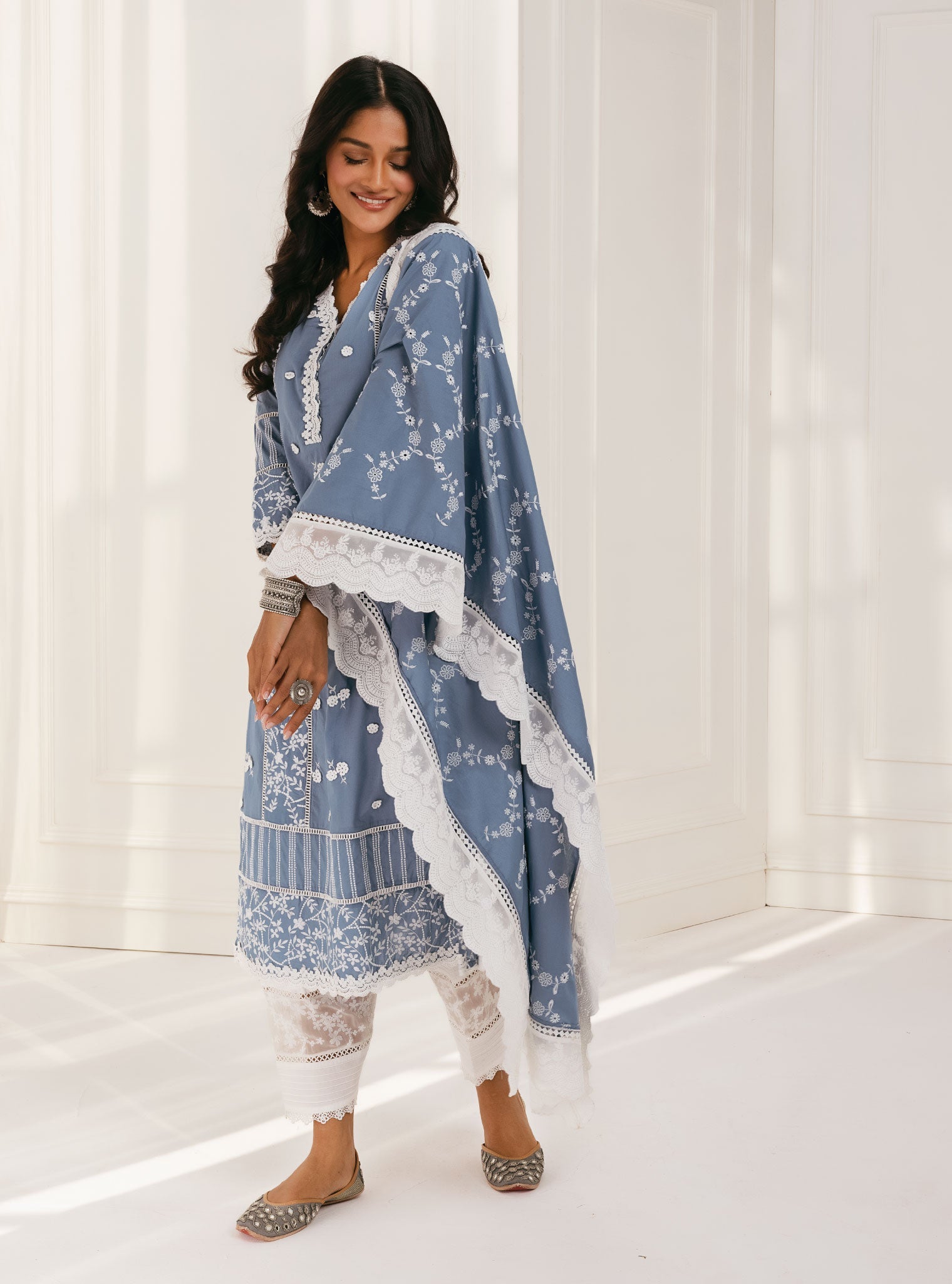 Mulmul Supima Cotton Kaza Blue Kurta