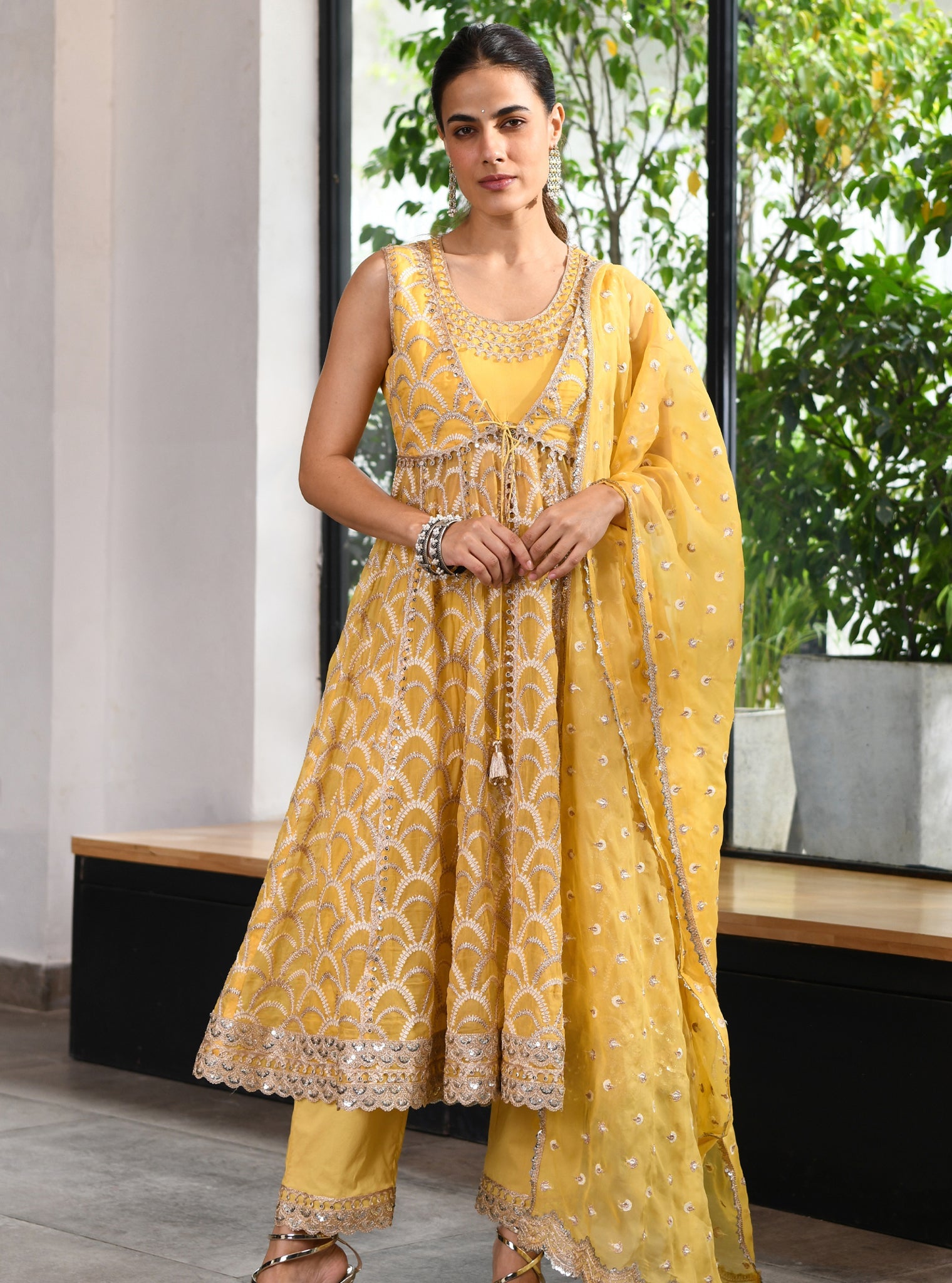 Leona Organza Sleeveless Yellow Anarkali Kurta Set