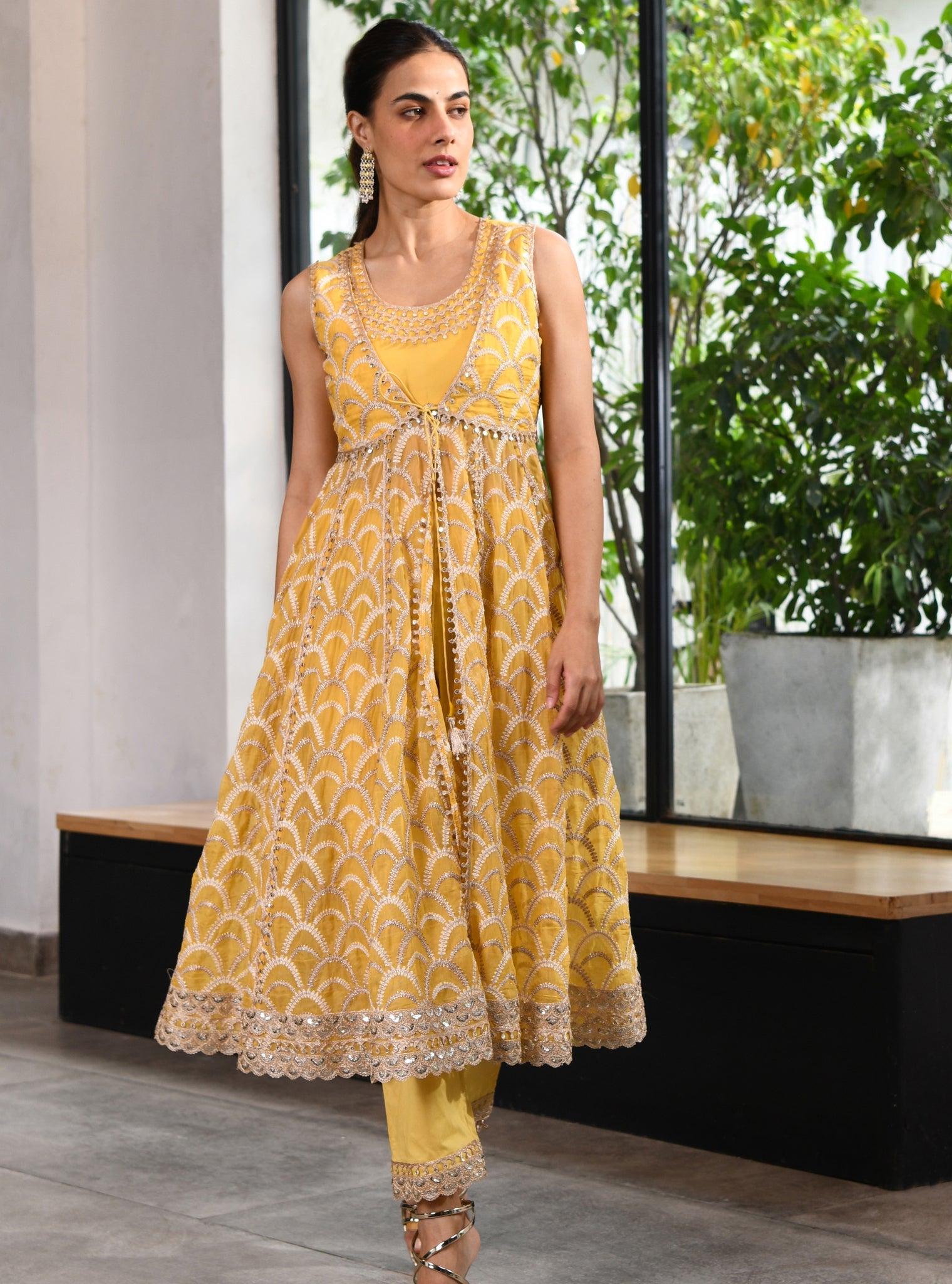 Leona Organza Sleeveless Yellow Anarkali Kurta Set