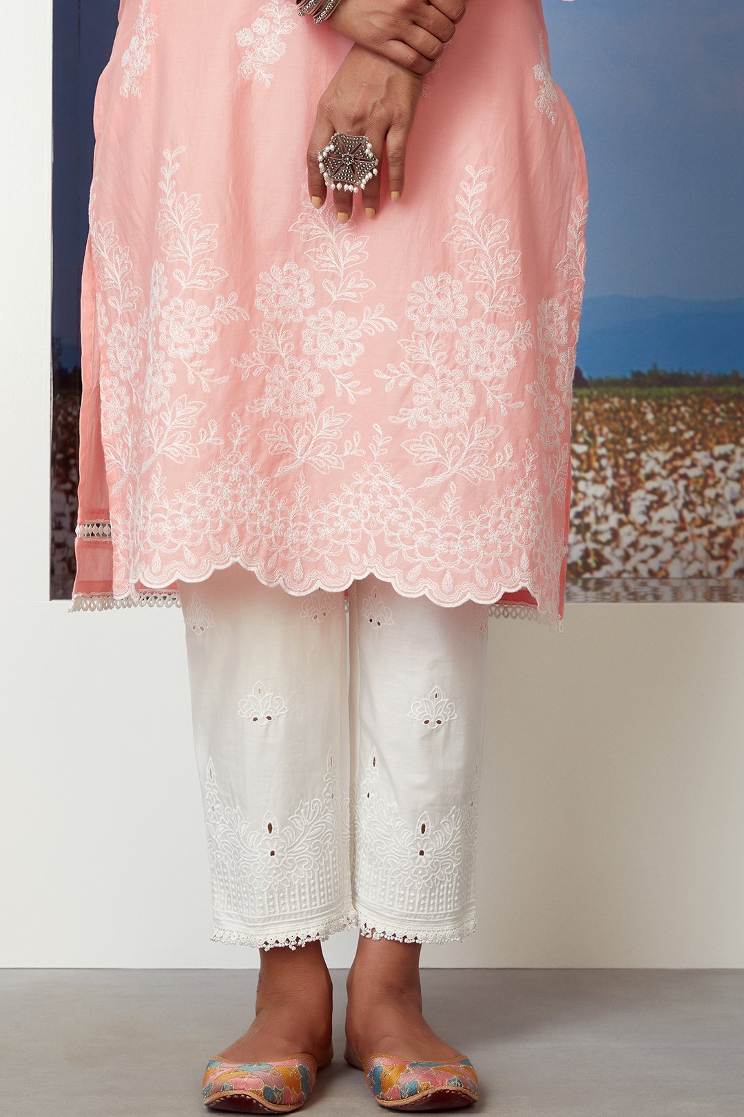 Mulmul Cotton Embroidered Eyelet Pyajama White