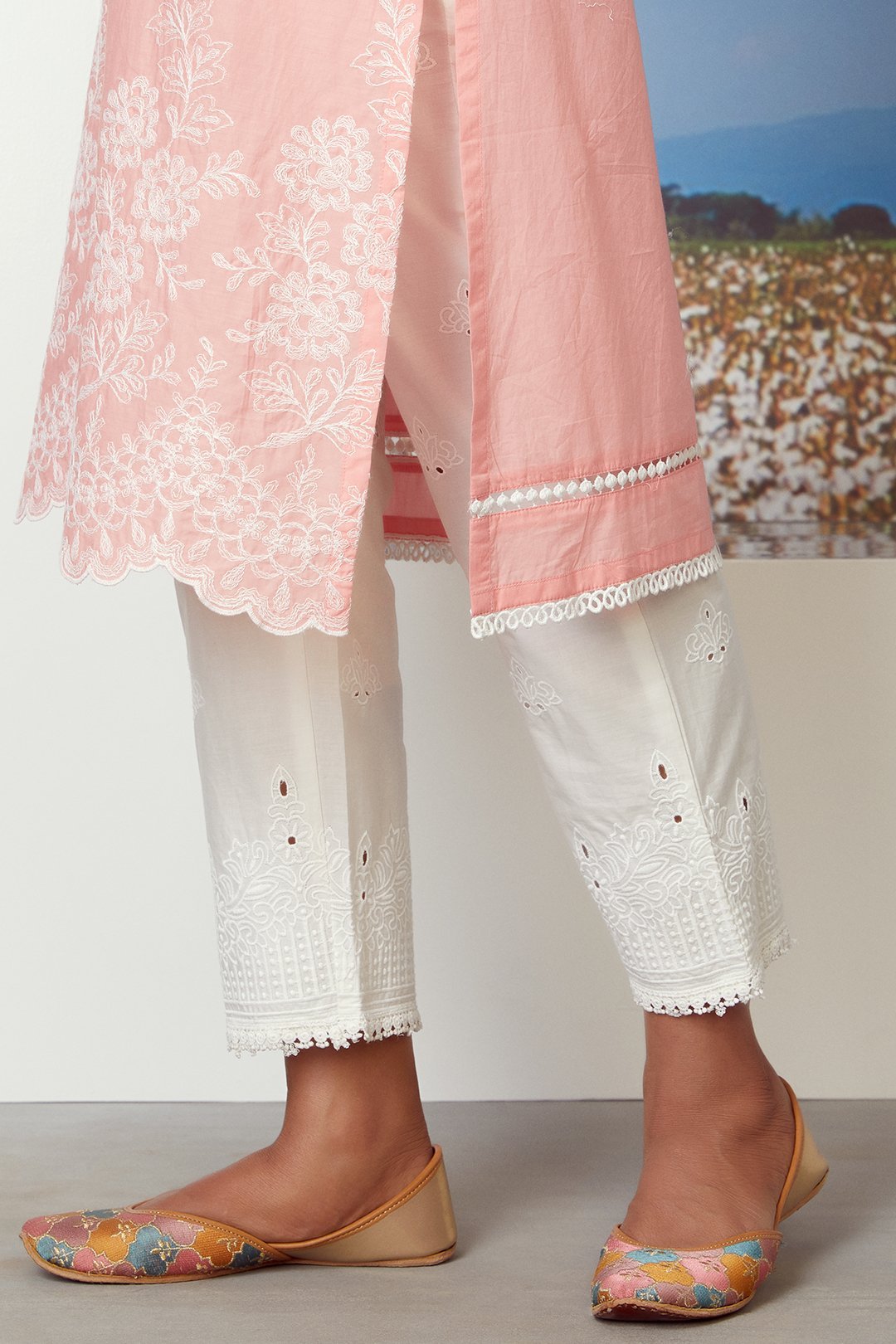 Mulmul Cotton Embroidered Eyelet Pyajama White