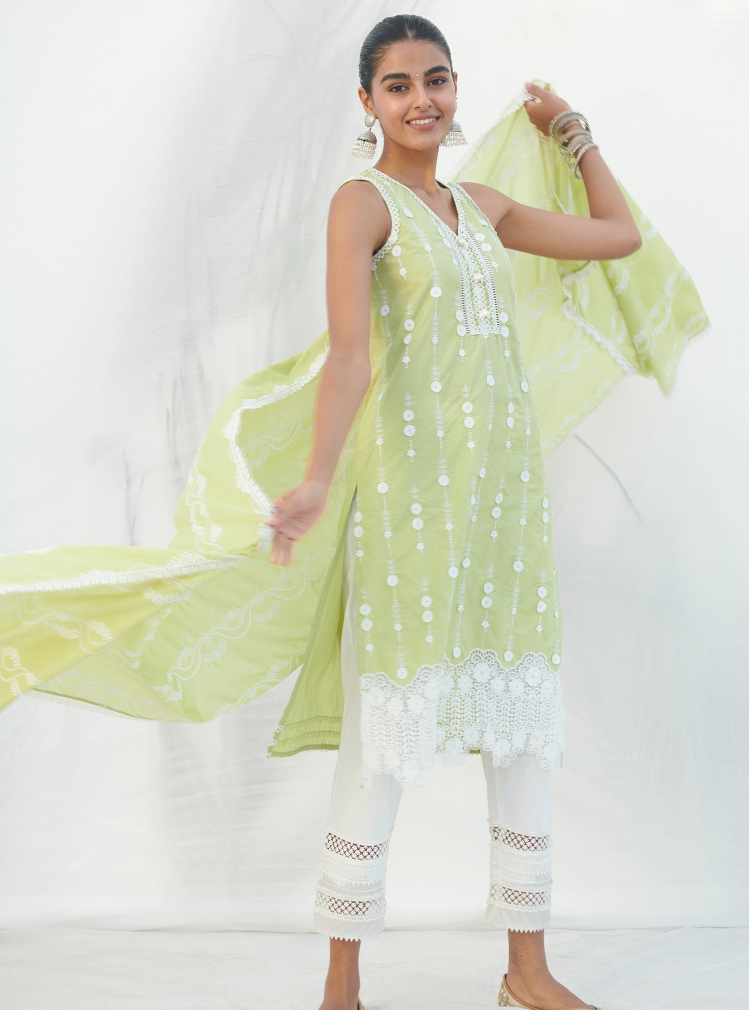 Mulmul Supima Cotton Naroa Lime kurta