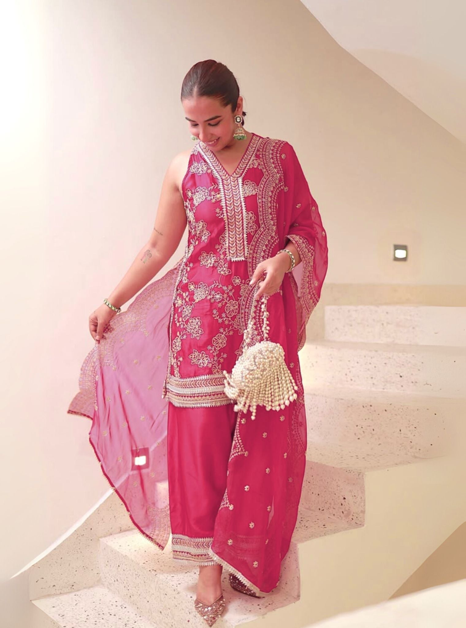 Jivara Bemberg Satin Fuchsia Kurta With Farshi Salwar
