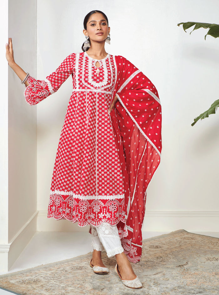 Mulmul Supima Cotton Arris Anarkali Red Kurta