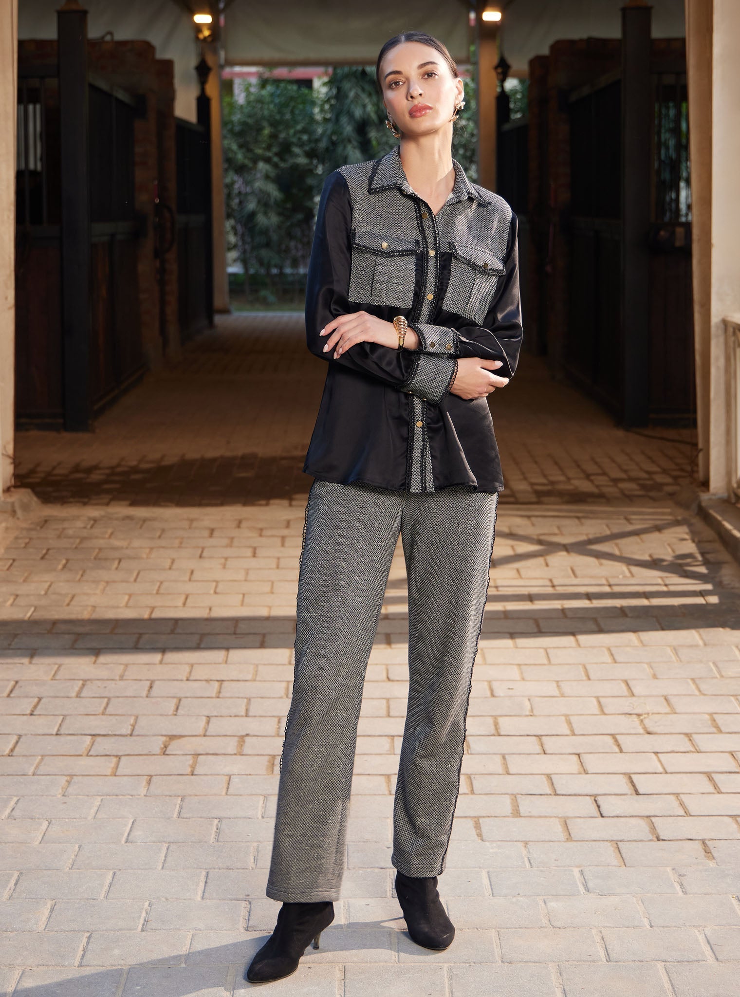 Mulmul Luxe Satin Elpis Black Top with Mulmul Lurex Net Elpis Black Pant