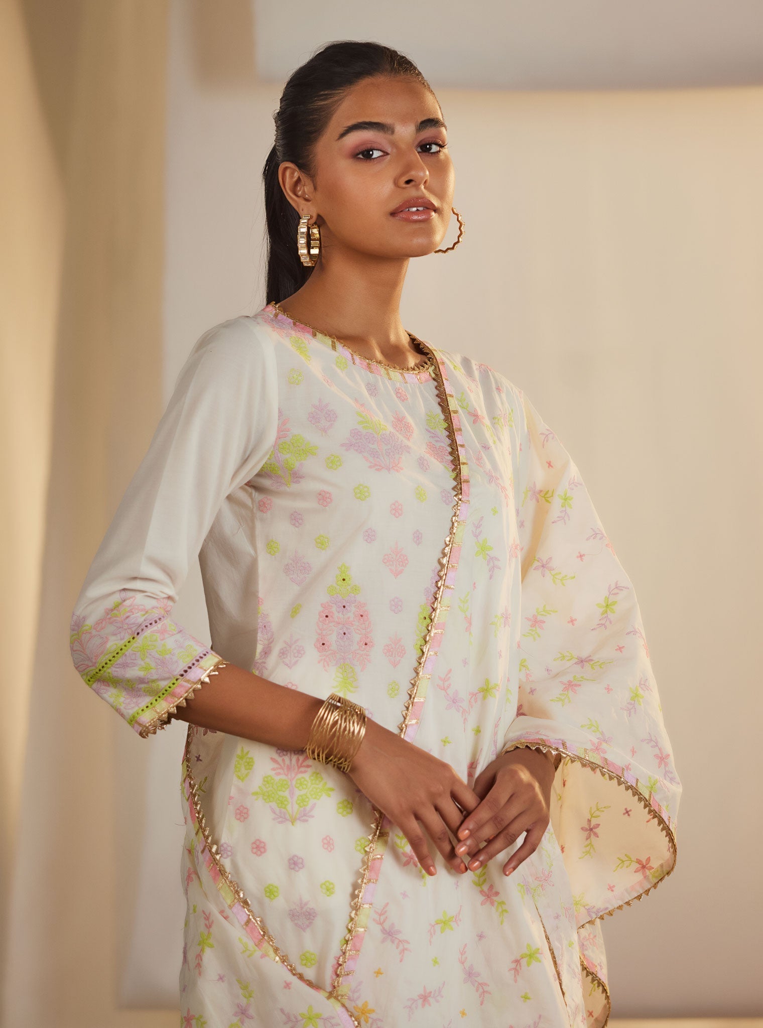 Zahava Supima Cotton Off White/Lilac Kurta Set