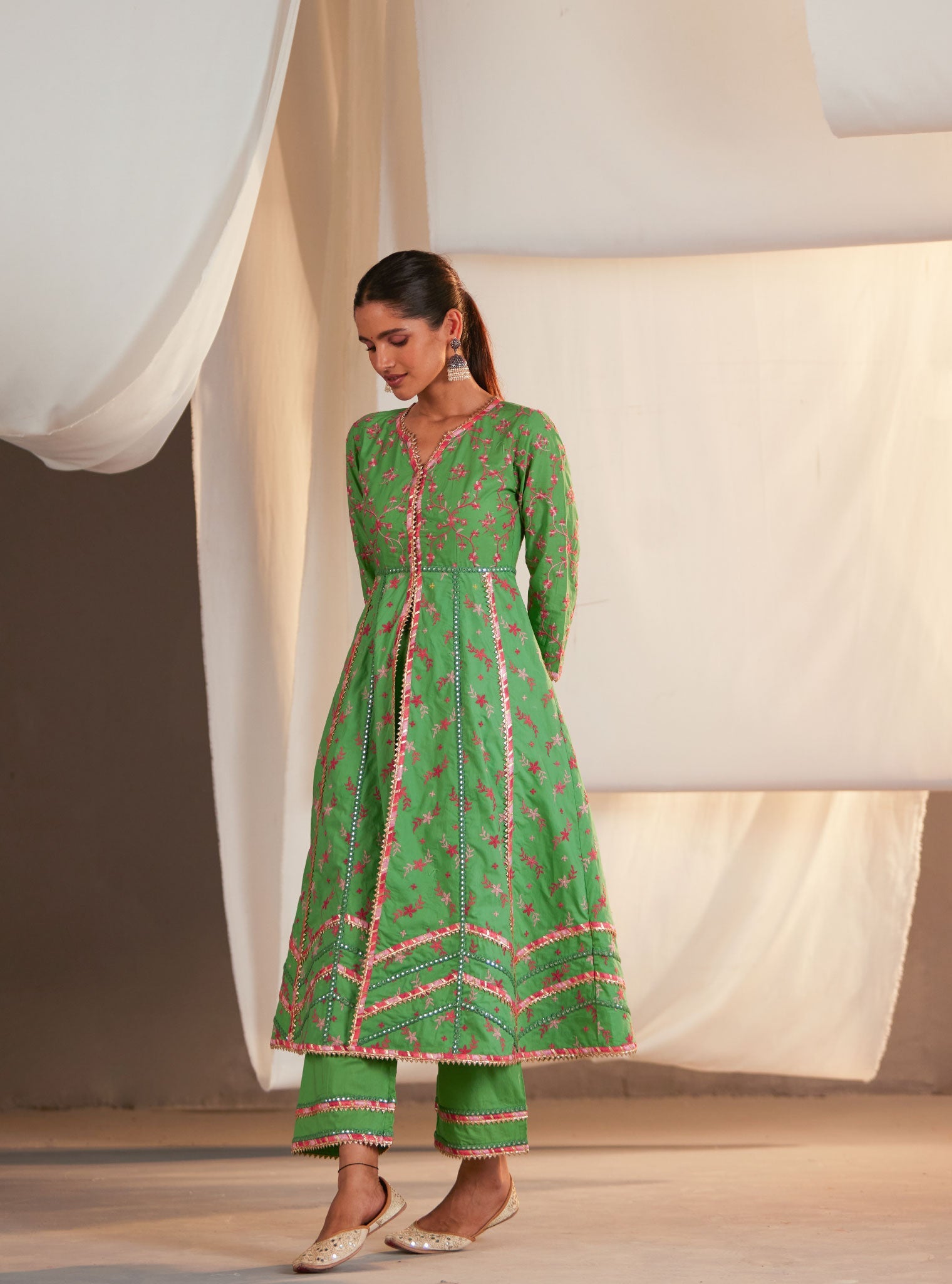 Ayla Supima Cotton Green Anarkali Kurta Set