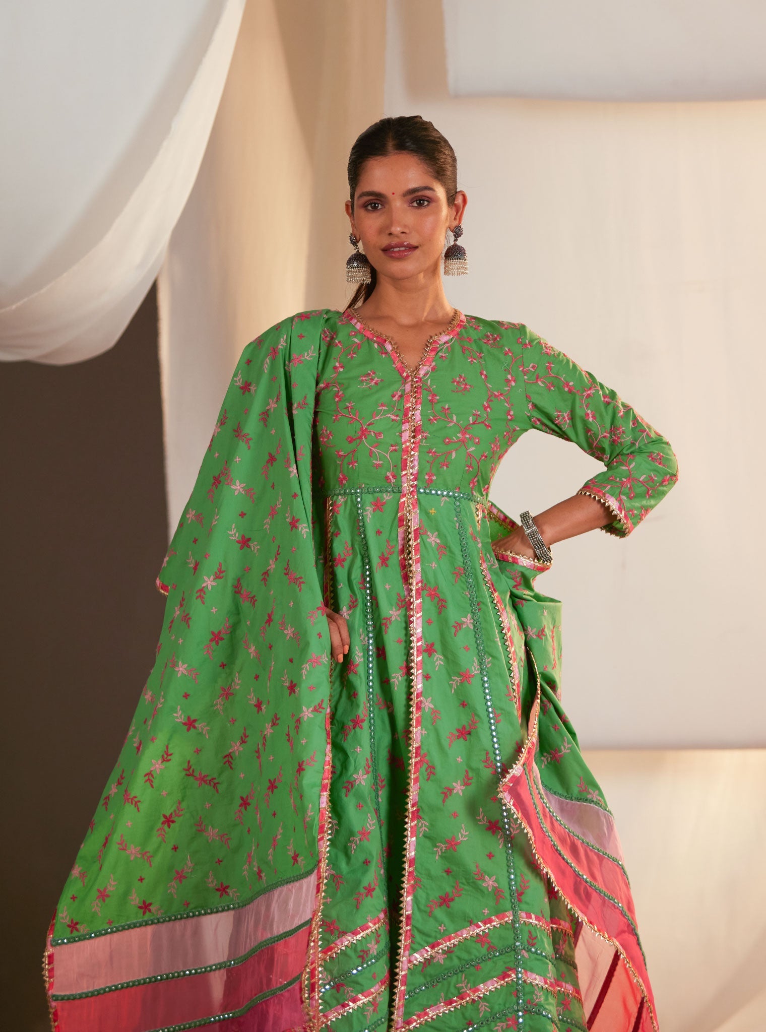 Ayla Supima Cotton Green Anarkali Kurta Set