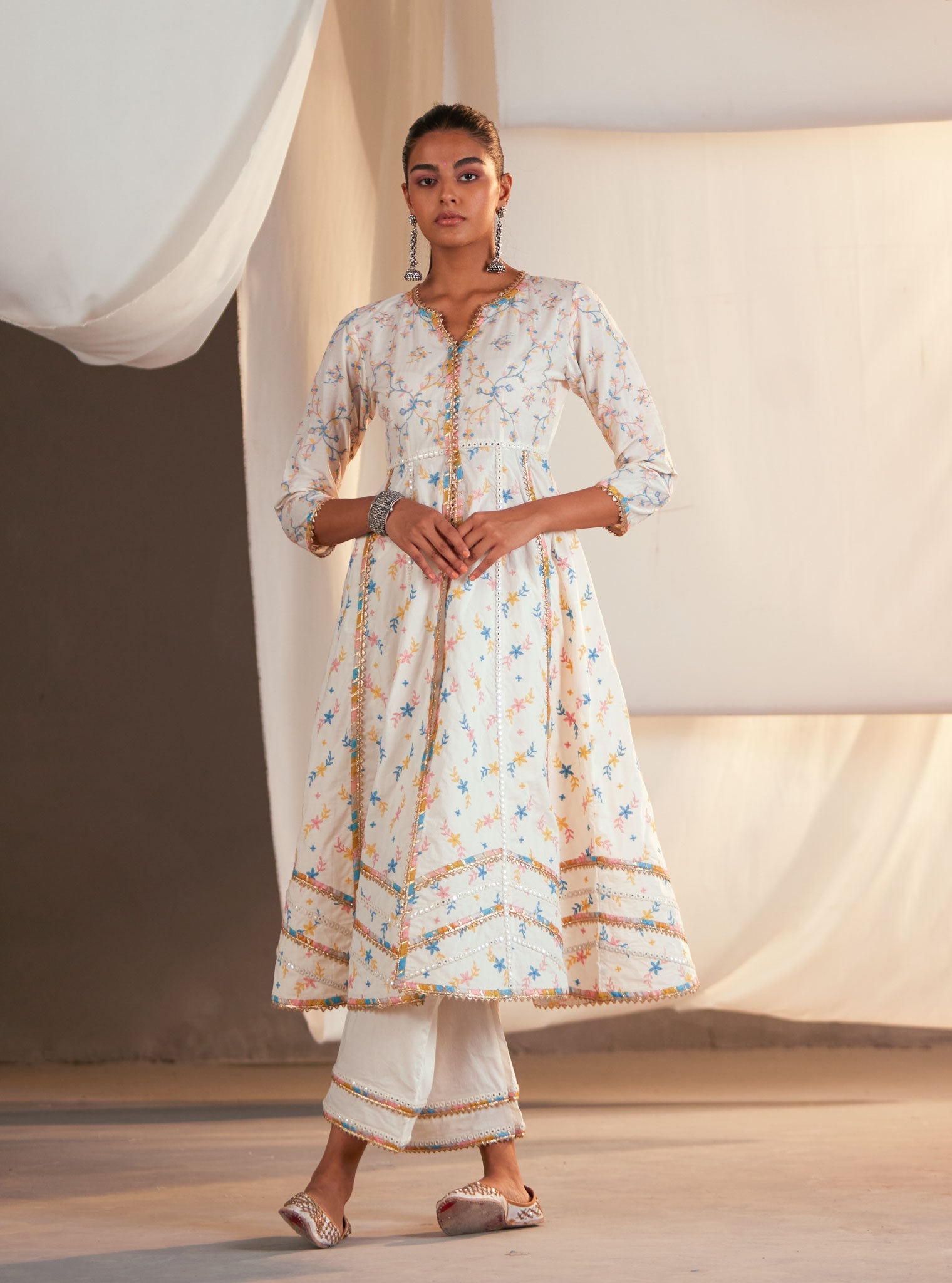 Ayla Supima Cotton Off White Anarkali Kurta Set
