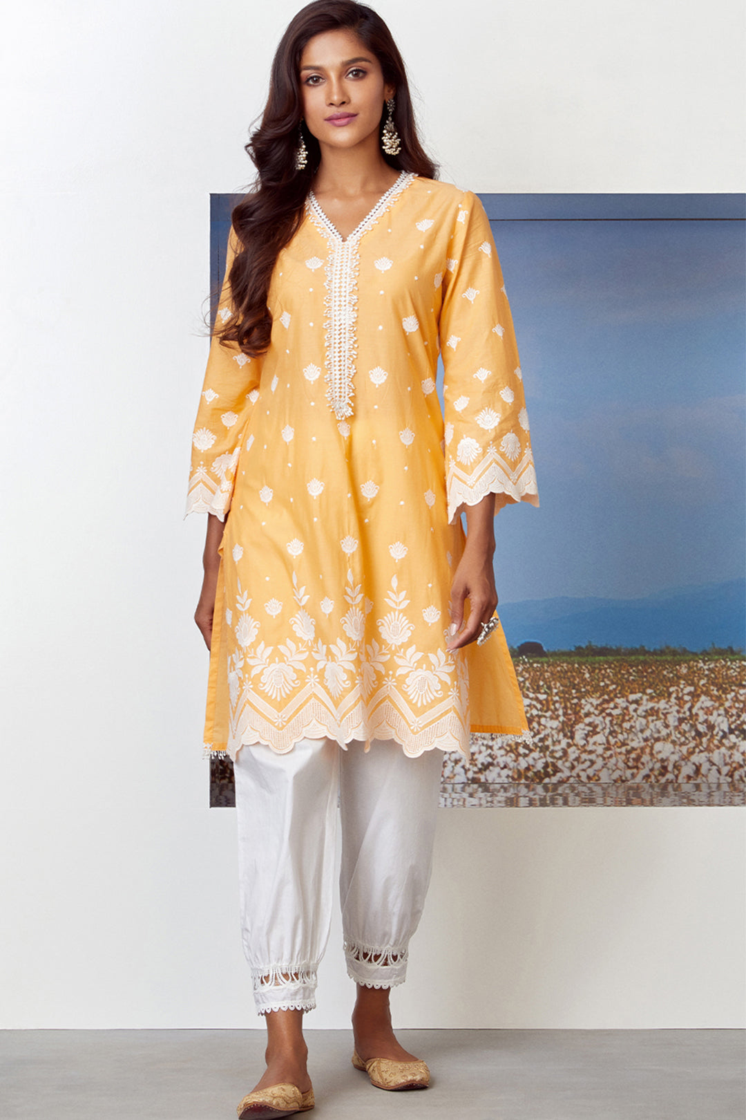 Mulmul Supima Cotton Garden Cress Orange Kurta