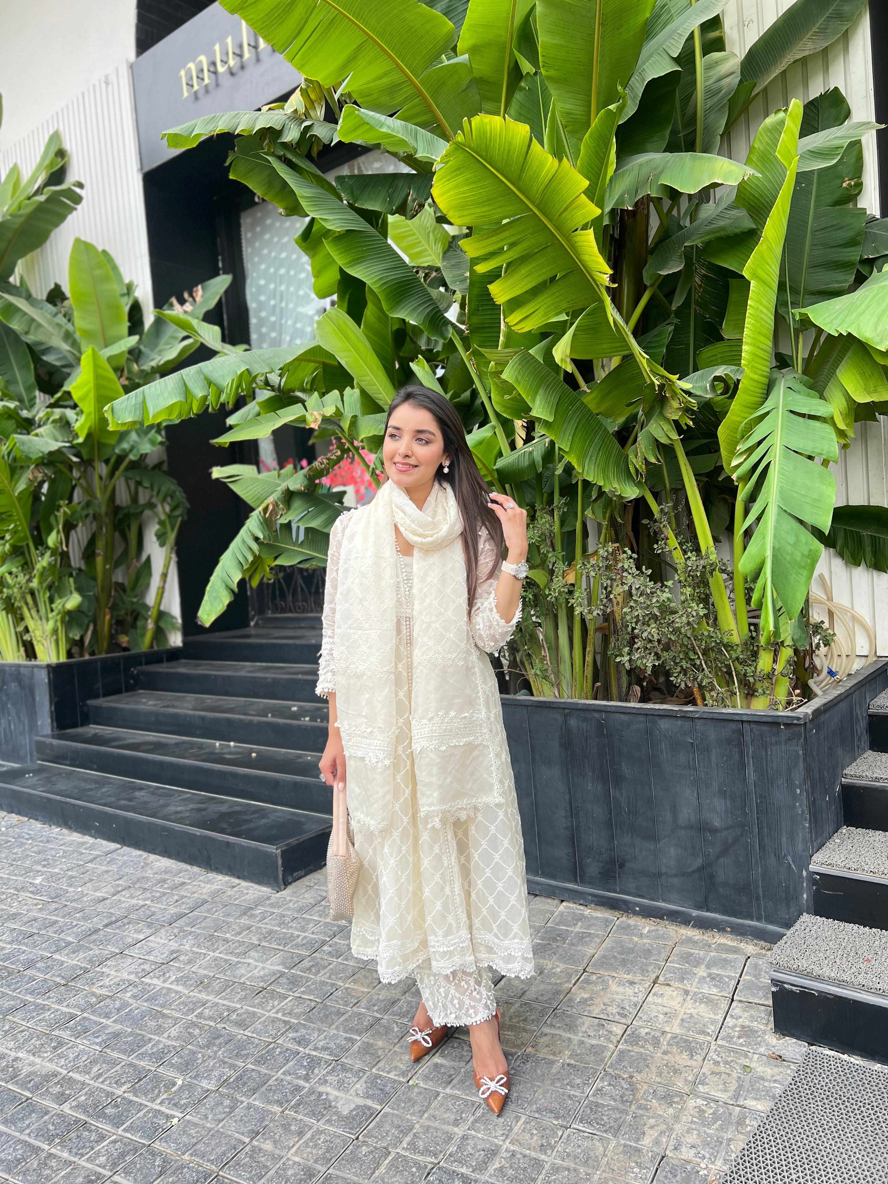 Mulmul Organza Anarkali Dori White Kurta With Mulmul Cotton Dori White Pant