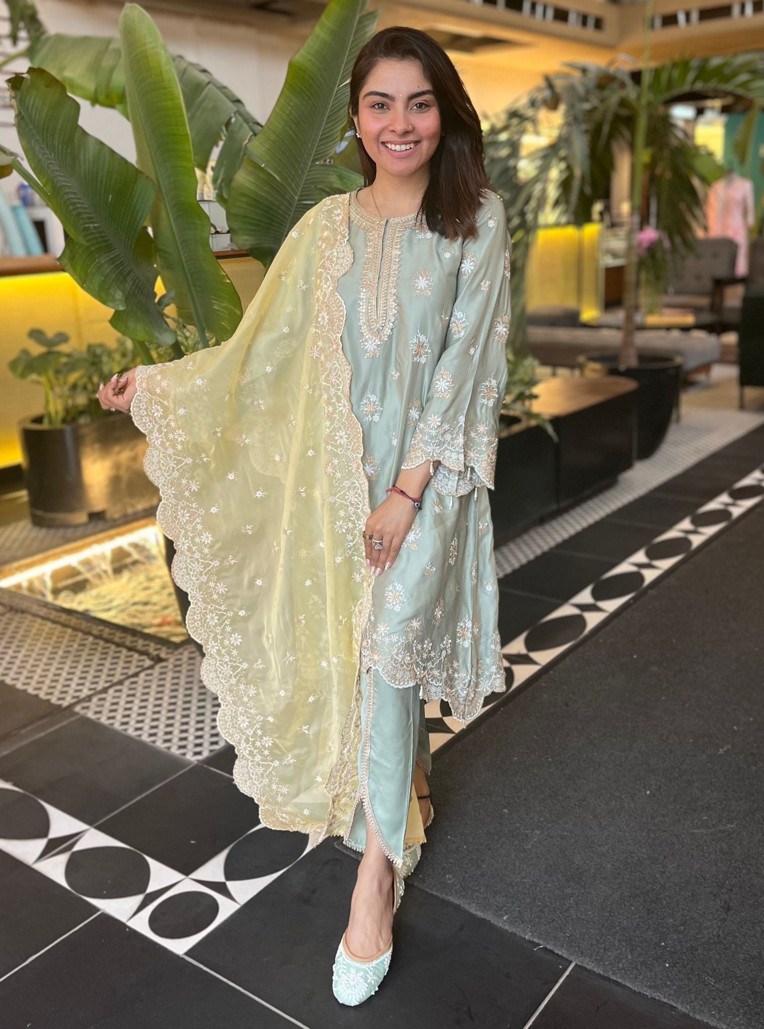 Kangna Cupro Satin Sage Green Kurta Set