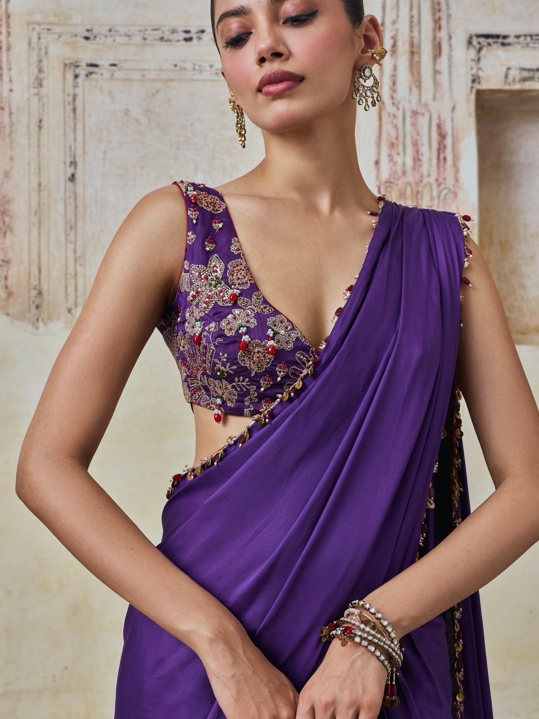 Saawari Cupro Satin Purple Pre-draped Saree