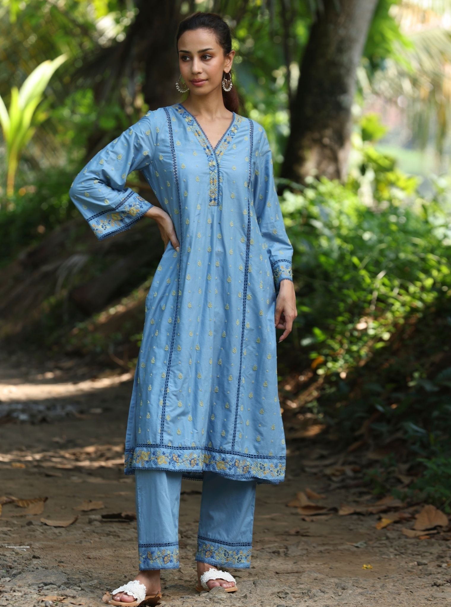 Mulmul Cotton Shira Denim Anarkali Kurta With Mulmul Cotton Shira Denim Pant