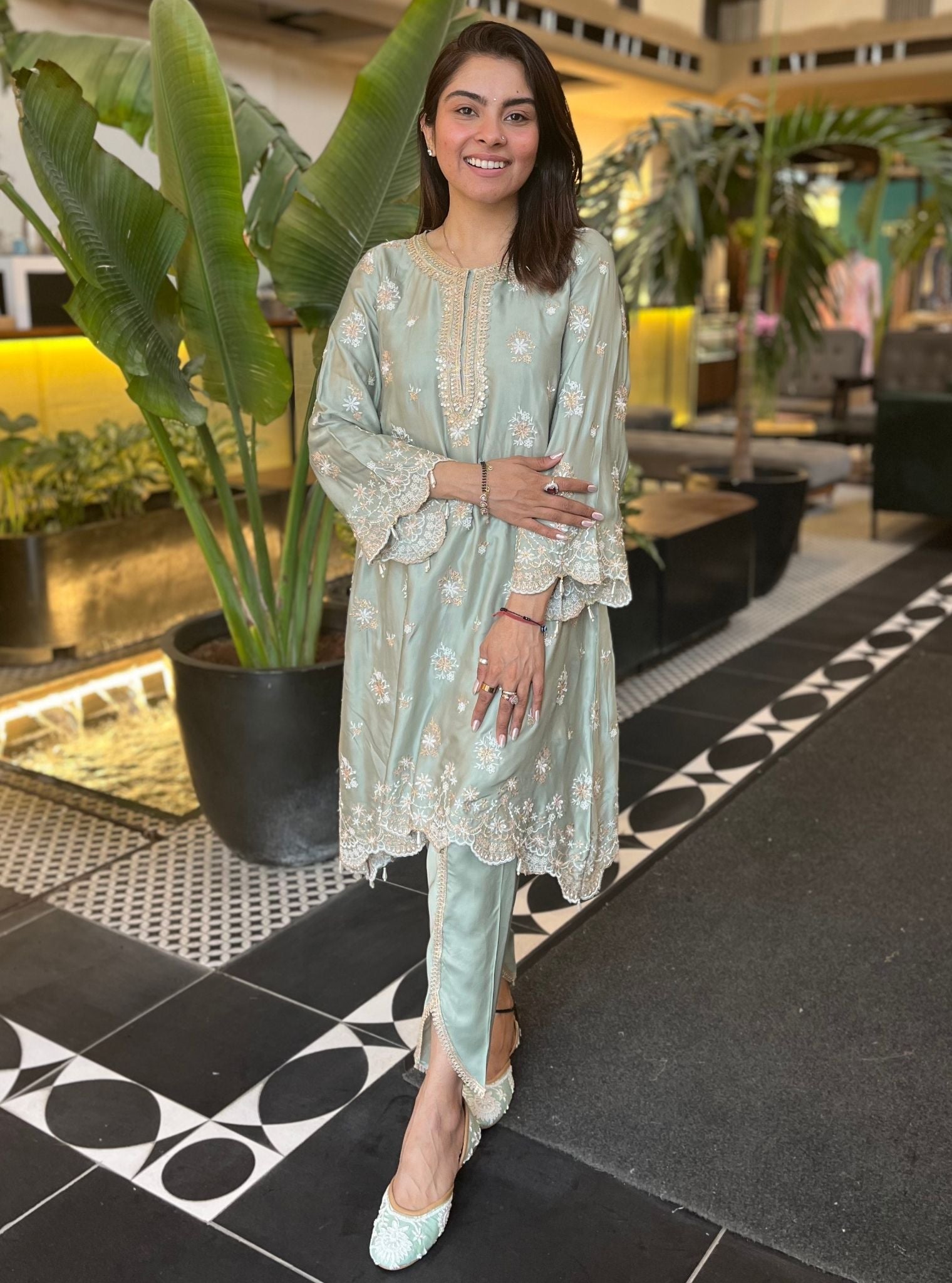 Kangna Cupro Satin Sage Green Kurta Set