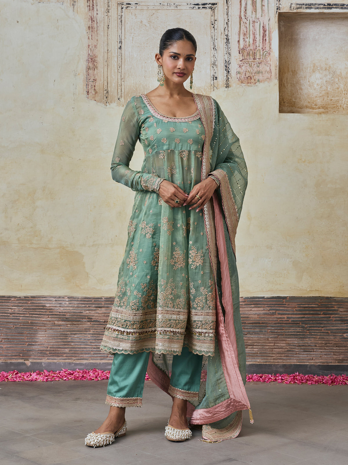 Dhwani Lurex Organza Teal Blue Anarkali Set