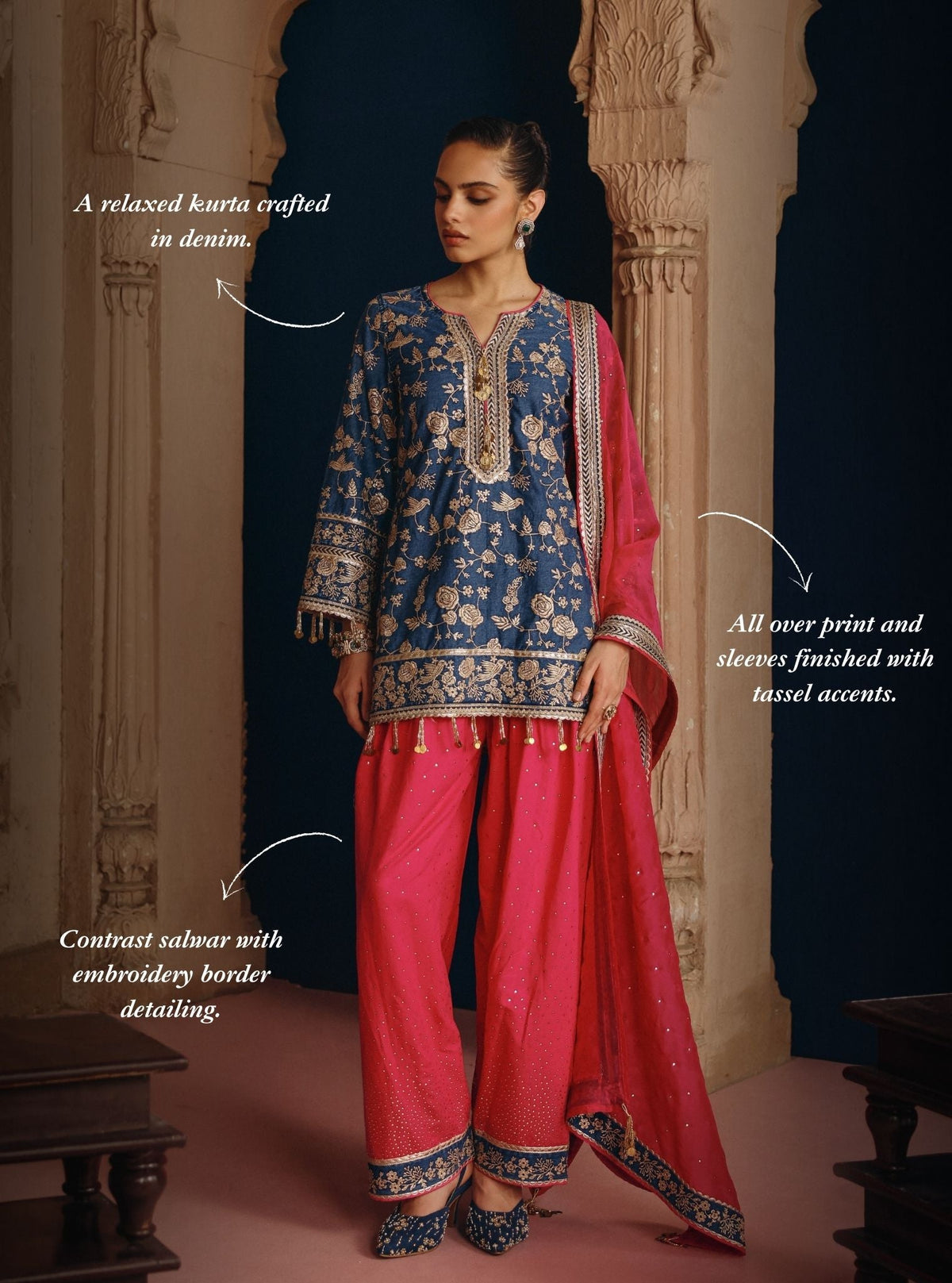 Luni Denim Kurta with Fuchsia Salwar