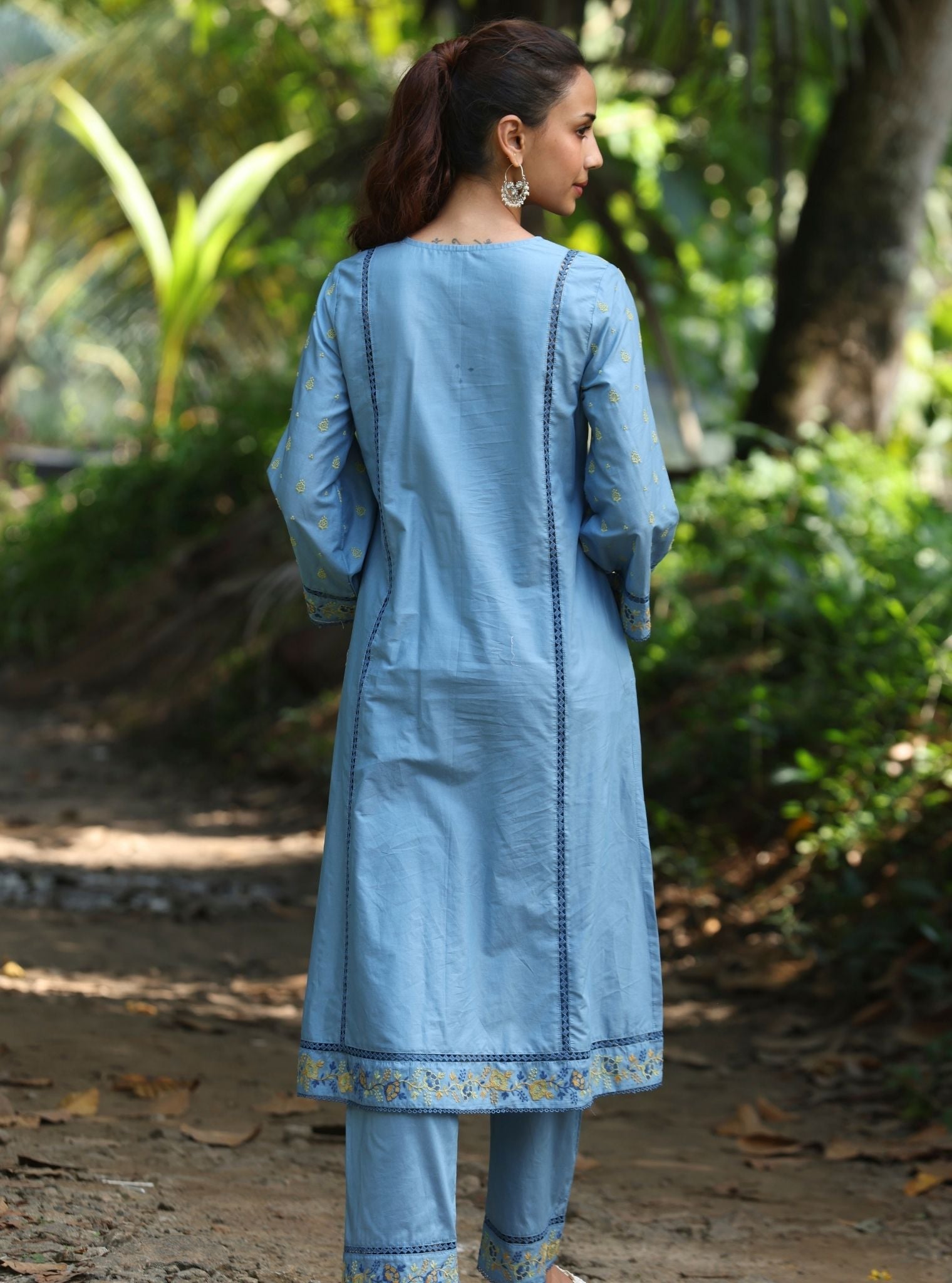 Mulmul Cotton Shira Denim Anarkali Kurta With Mulmul Cotton Shira Denim Pant