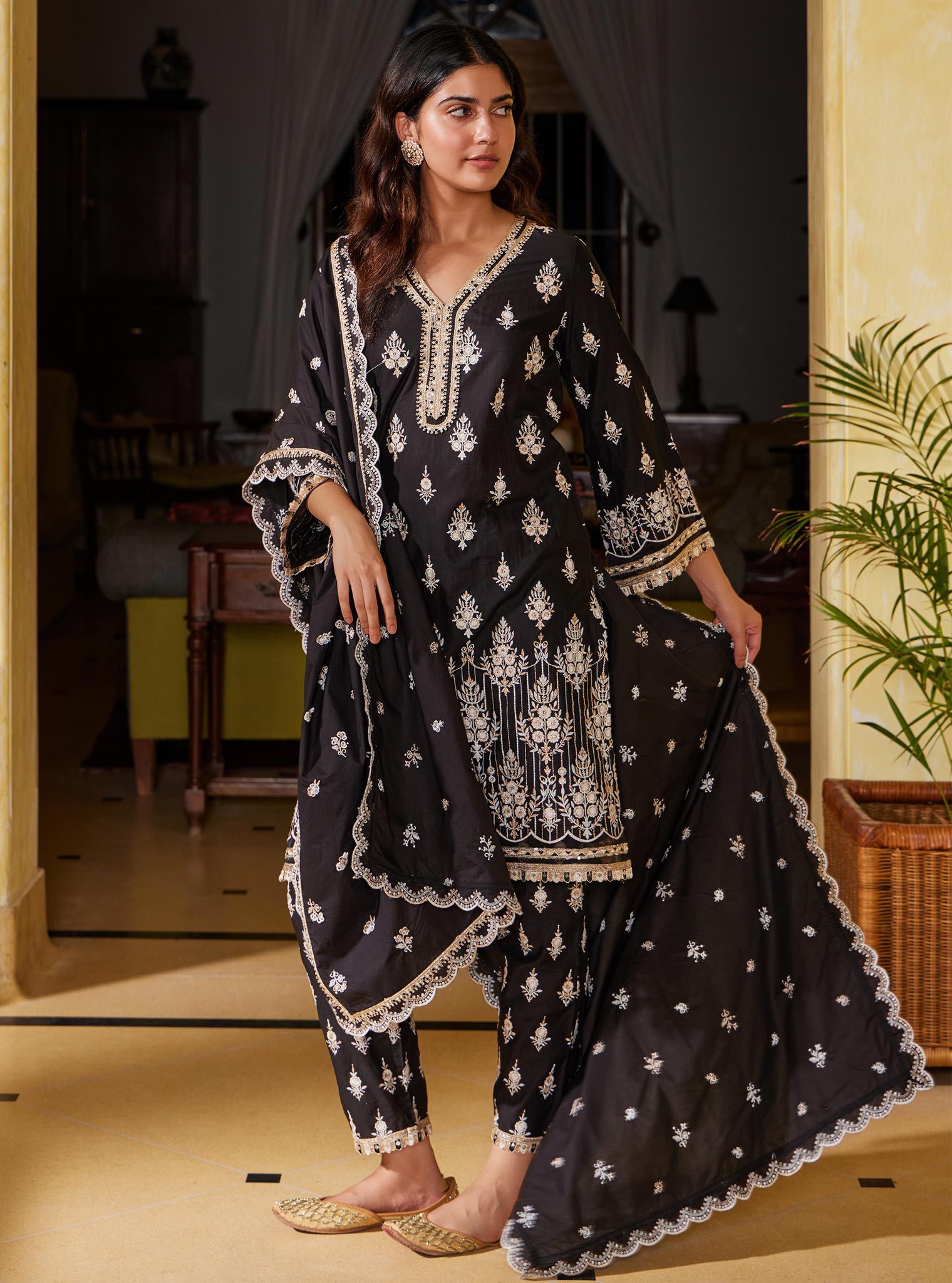Mulmul Supima Cotton Amaltas Black Kurta