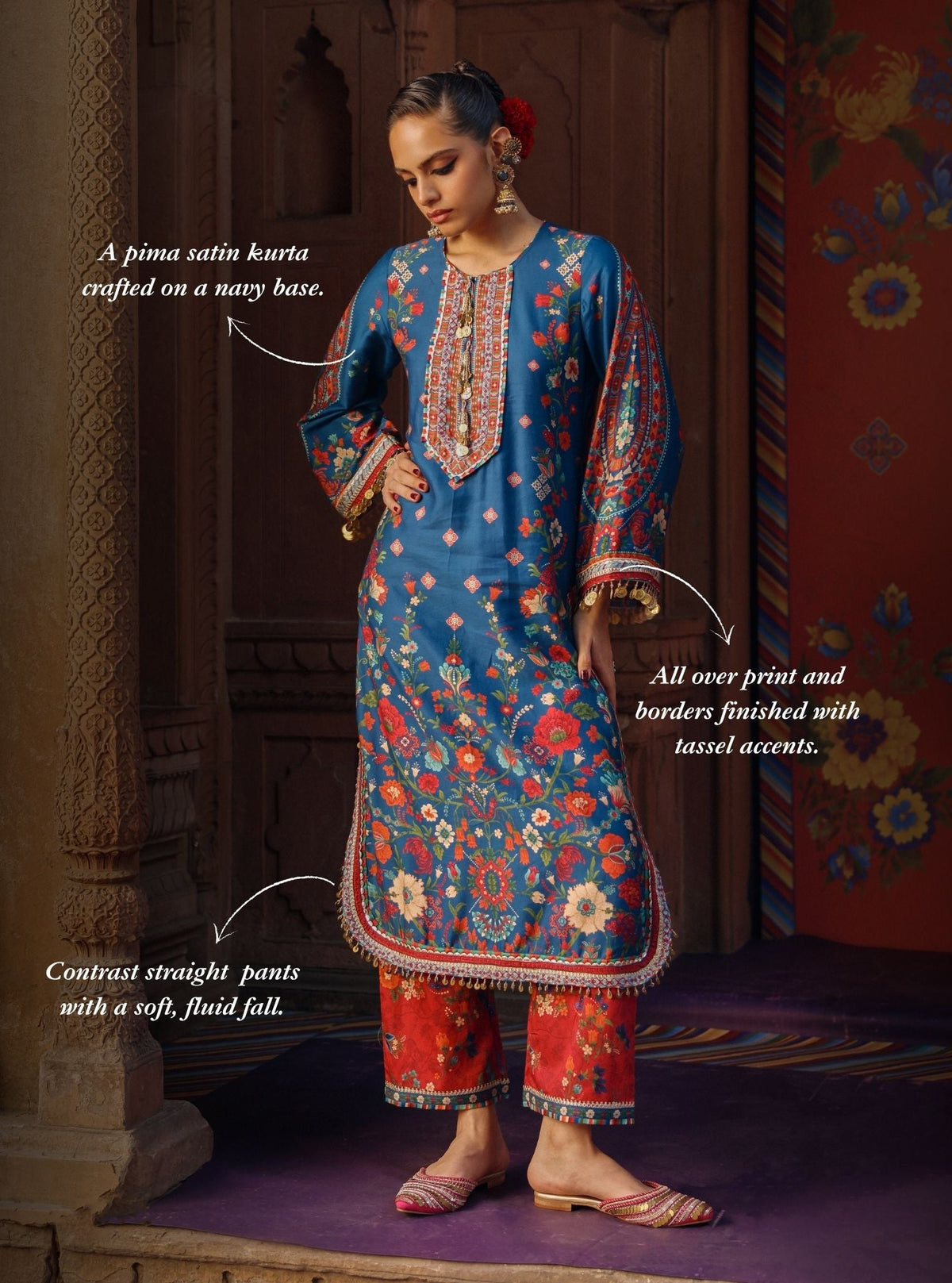 Sangi Pima Satin Printed Navy Long Kurta Set