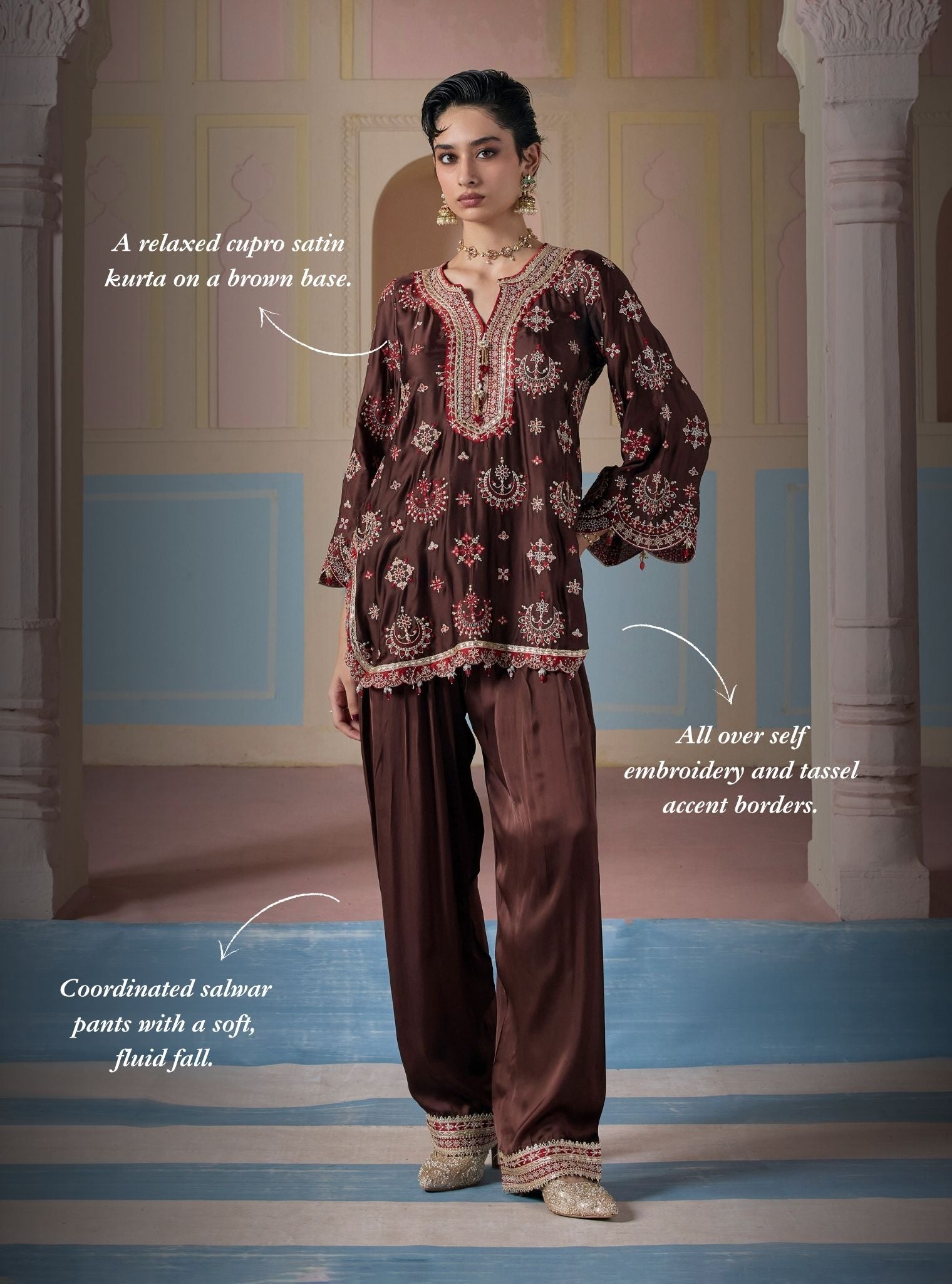 Jori Cupro Satin Brown Kurta With Farshi Salwar