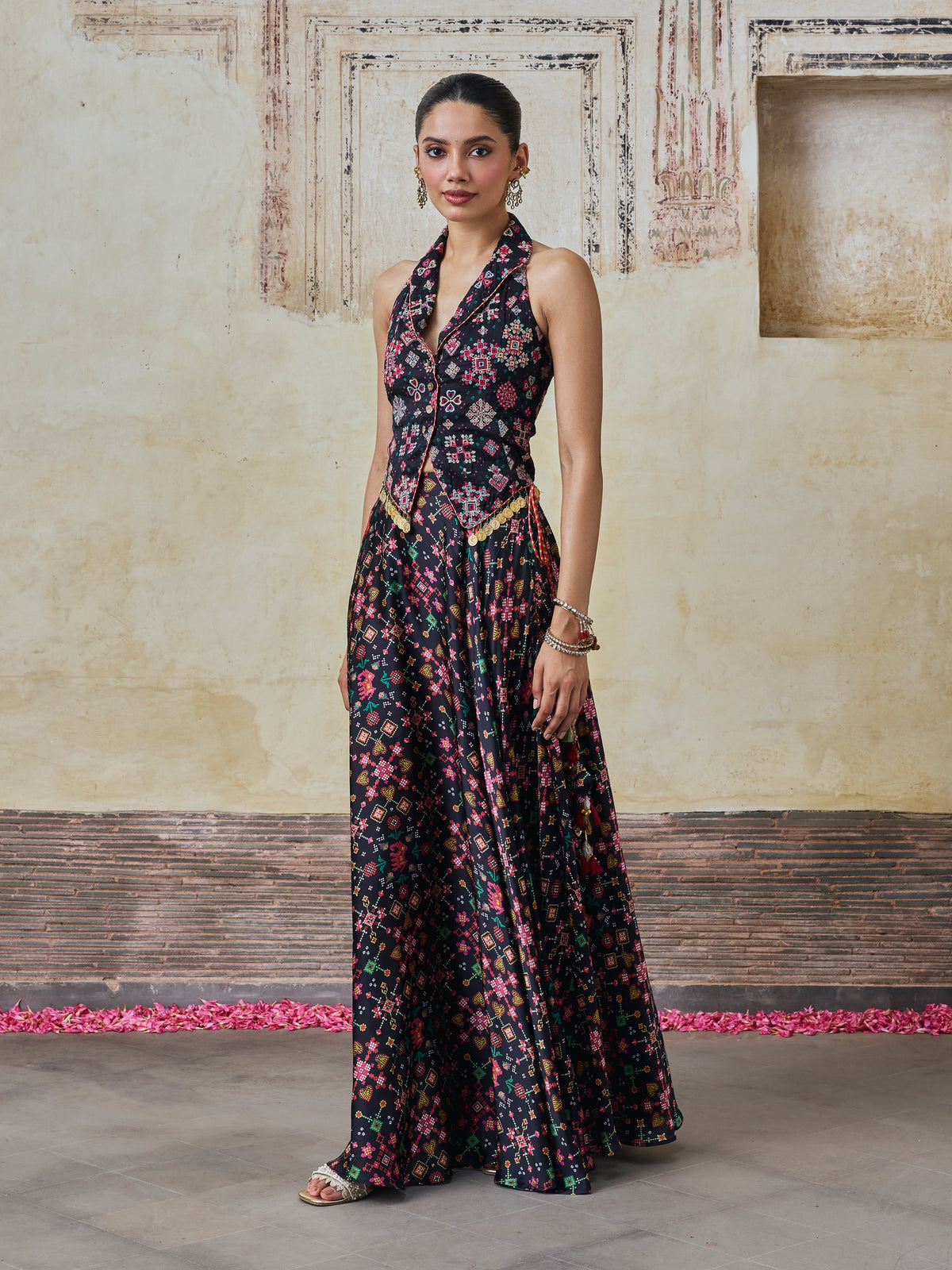 Sarangni Bemberg Raw Silk Printed Black Waistcoat & Skirt Set