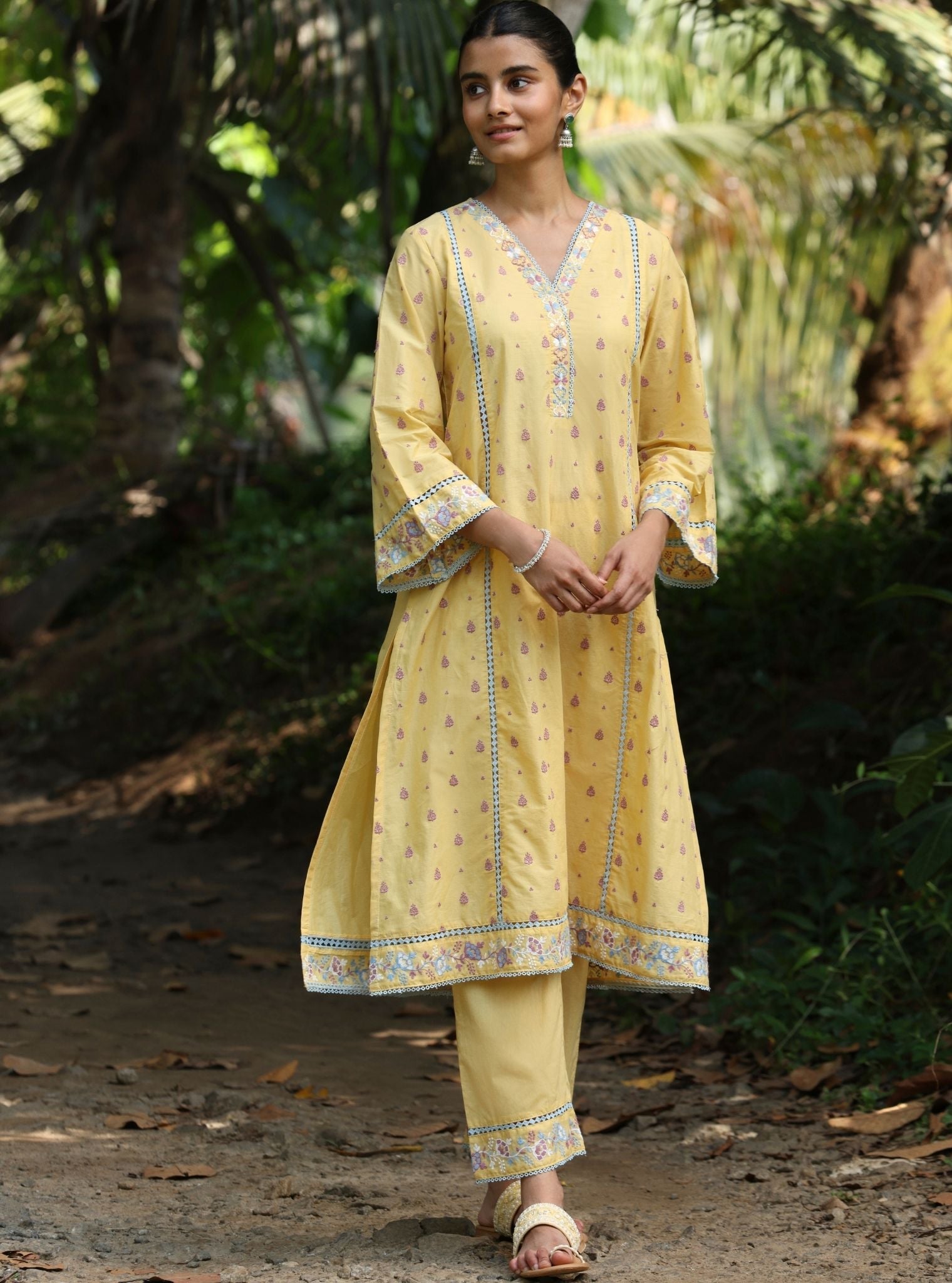Mulmul Cotton Shira Yellow Anarkali Kurta With Mulmul Cotton Shira Yellow Pant