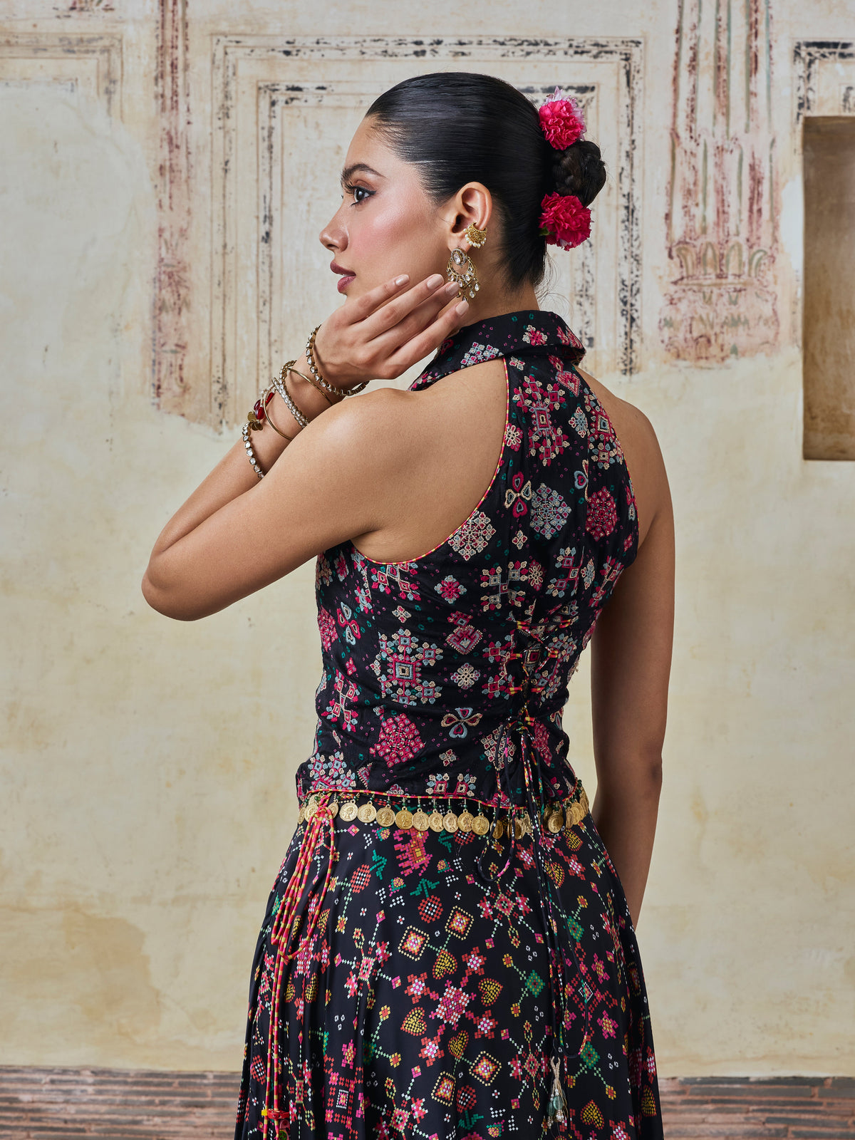 Sarangni Bemberg Raw Silk Printed Black Waistcoat & Skirt Set