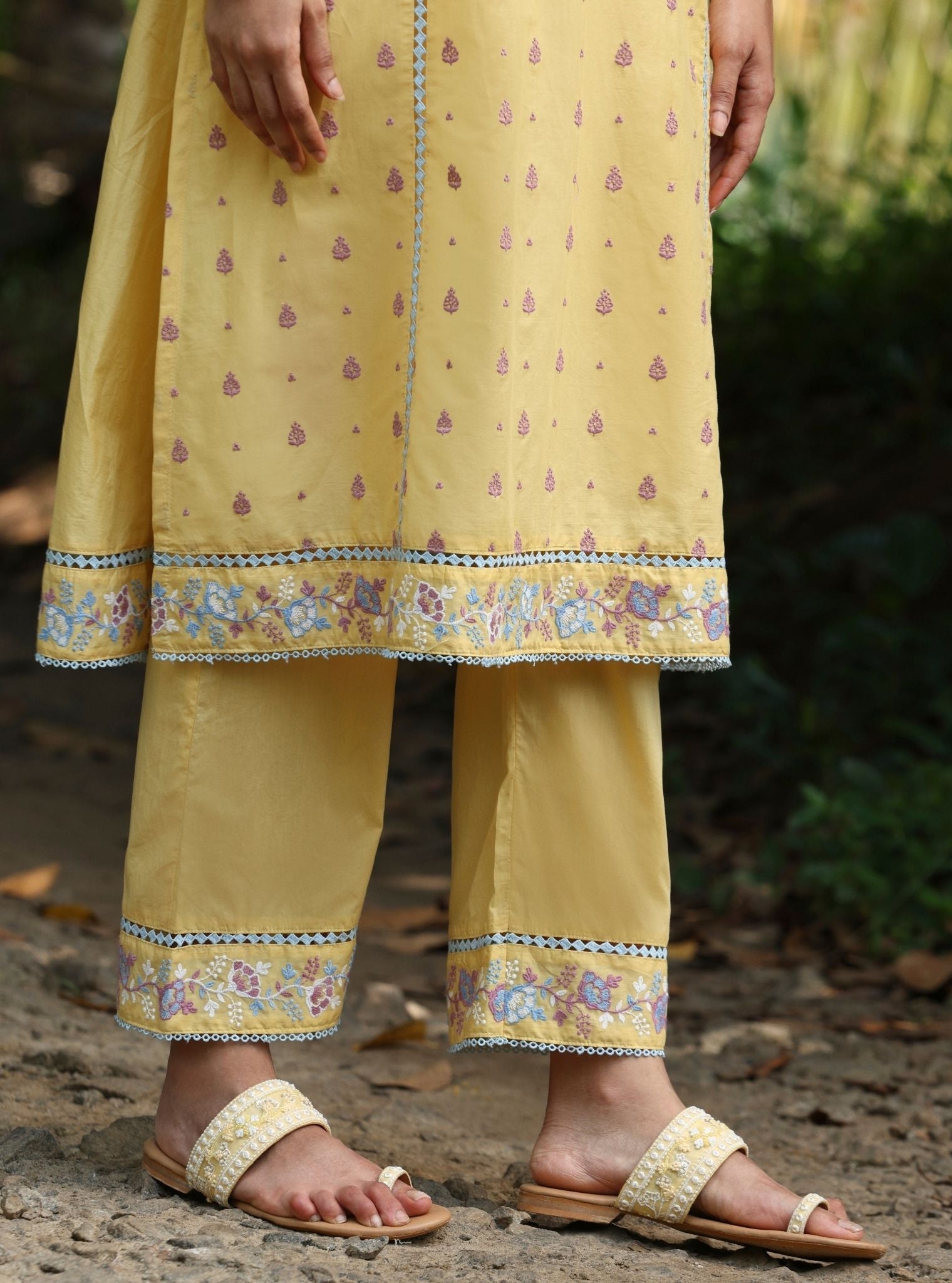 Mulmul Cotton Shira Yellow Anarkali Kurta With Mulmul Cotton Shira Yellow Pant