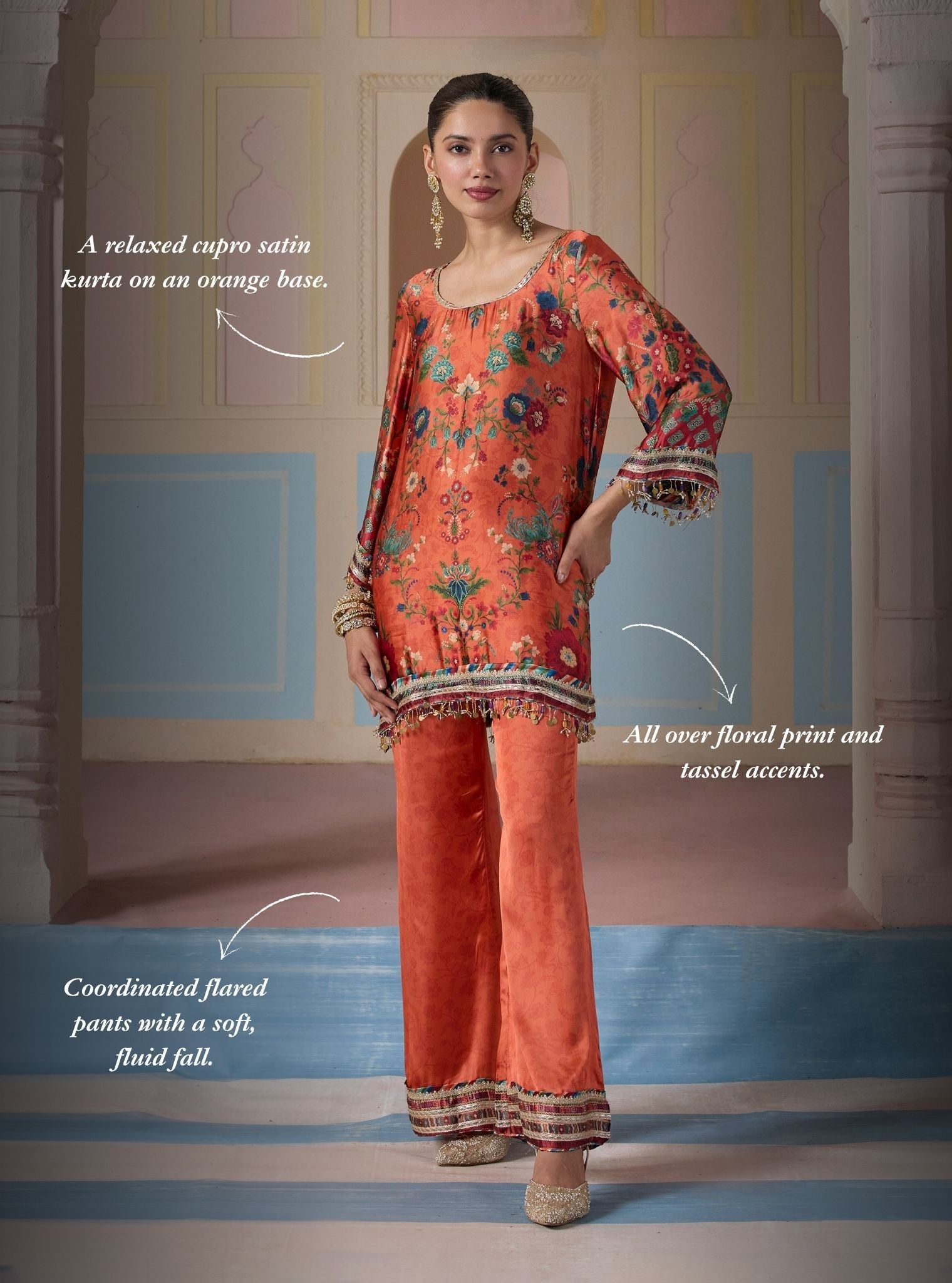 Gheva Cupro Satin Printed Orange Kurta Set