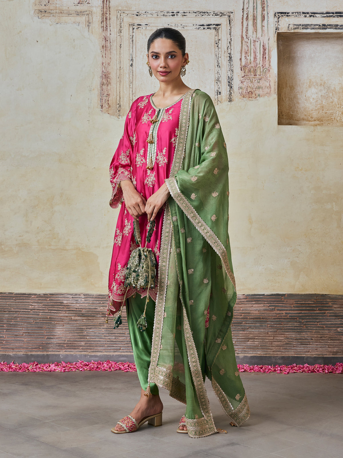 Saazni Cupro Satin Fuchsia Kurta with Matcha Green Dhoti Pants
