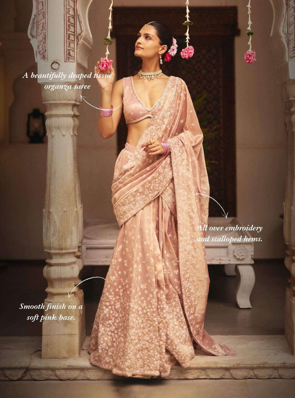 Nalika Tissue Organza Pink Pre-draped Saree