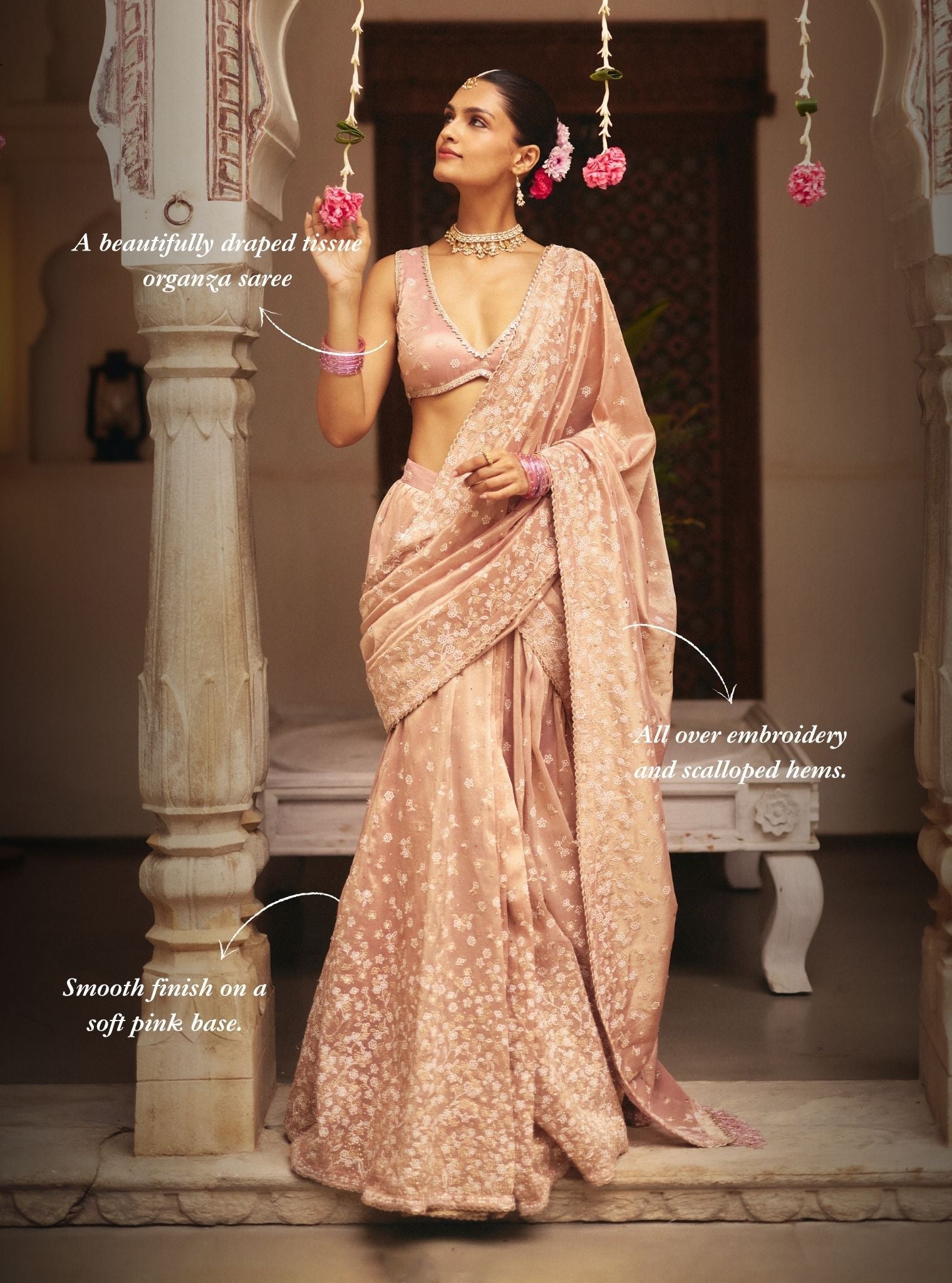 Nalika Tissue Organza Pink Pre-draped Saree