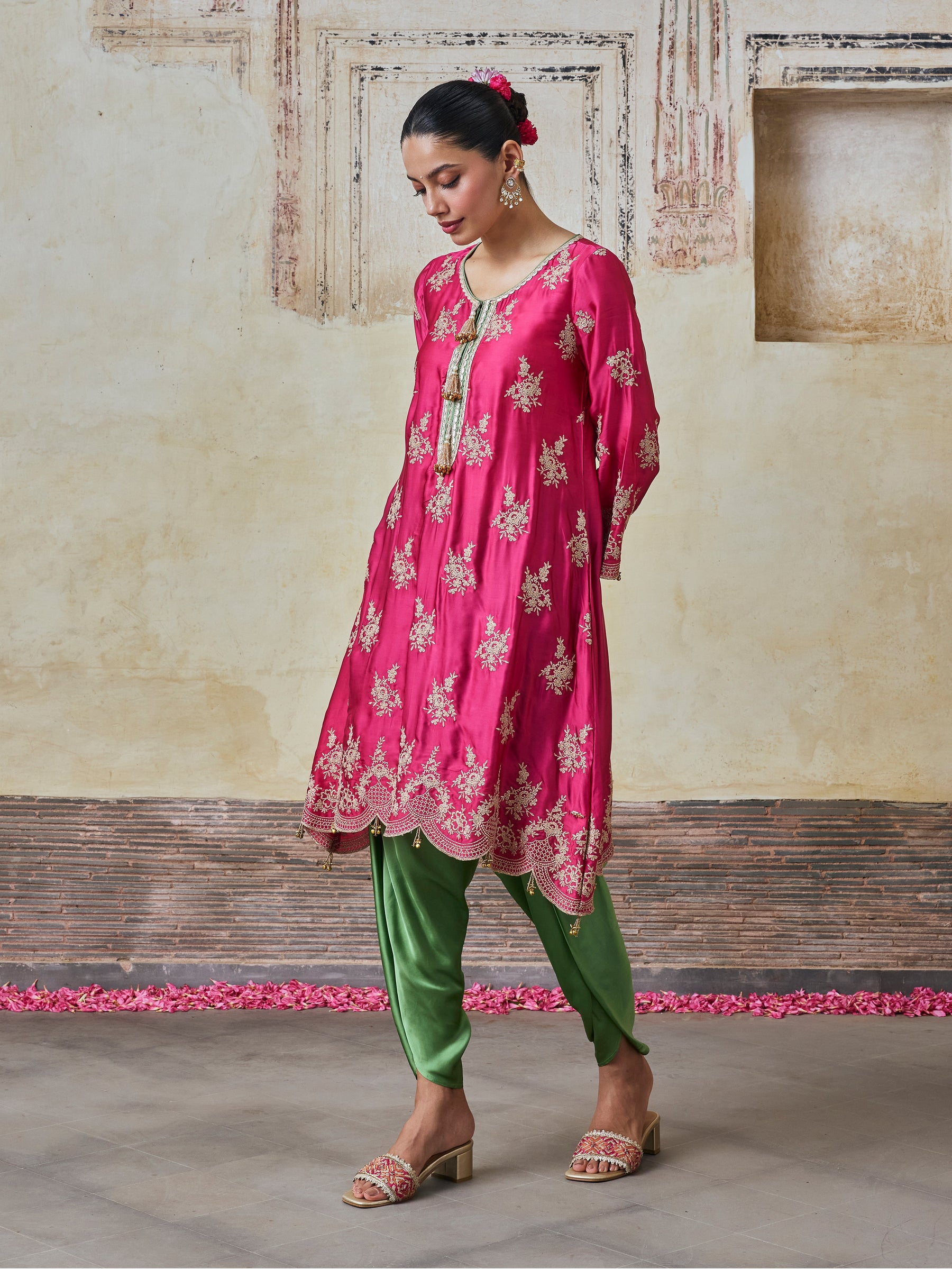 Saazni Cupro Satin Fuchsia Kurta with Matcha Green Dhoti Pants
