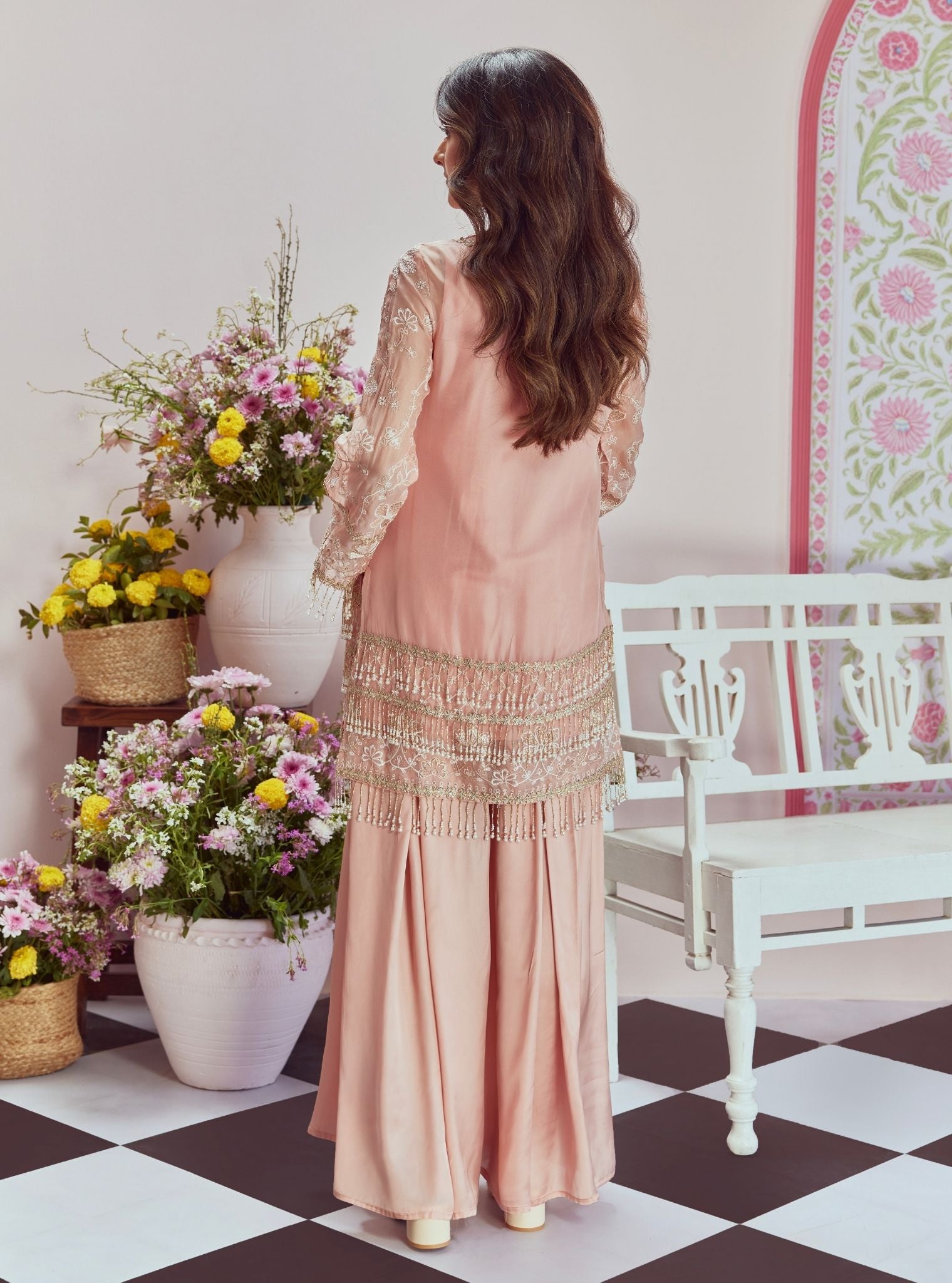 Mulmul Organza Raag Pink Kurta With Mulmul Cupro Satin Raag Pink Sharara