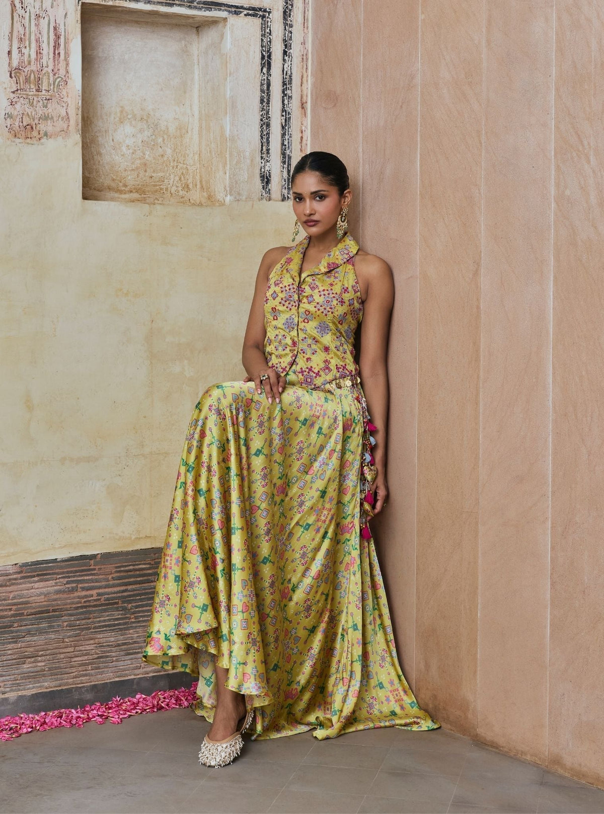 Sarangni Bemberg Raw Silk Printed Lime Waistcoat & Skirt Set