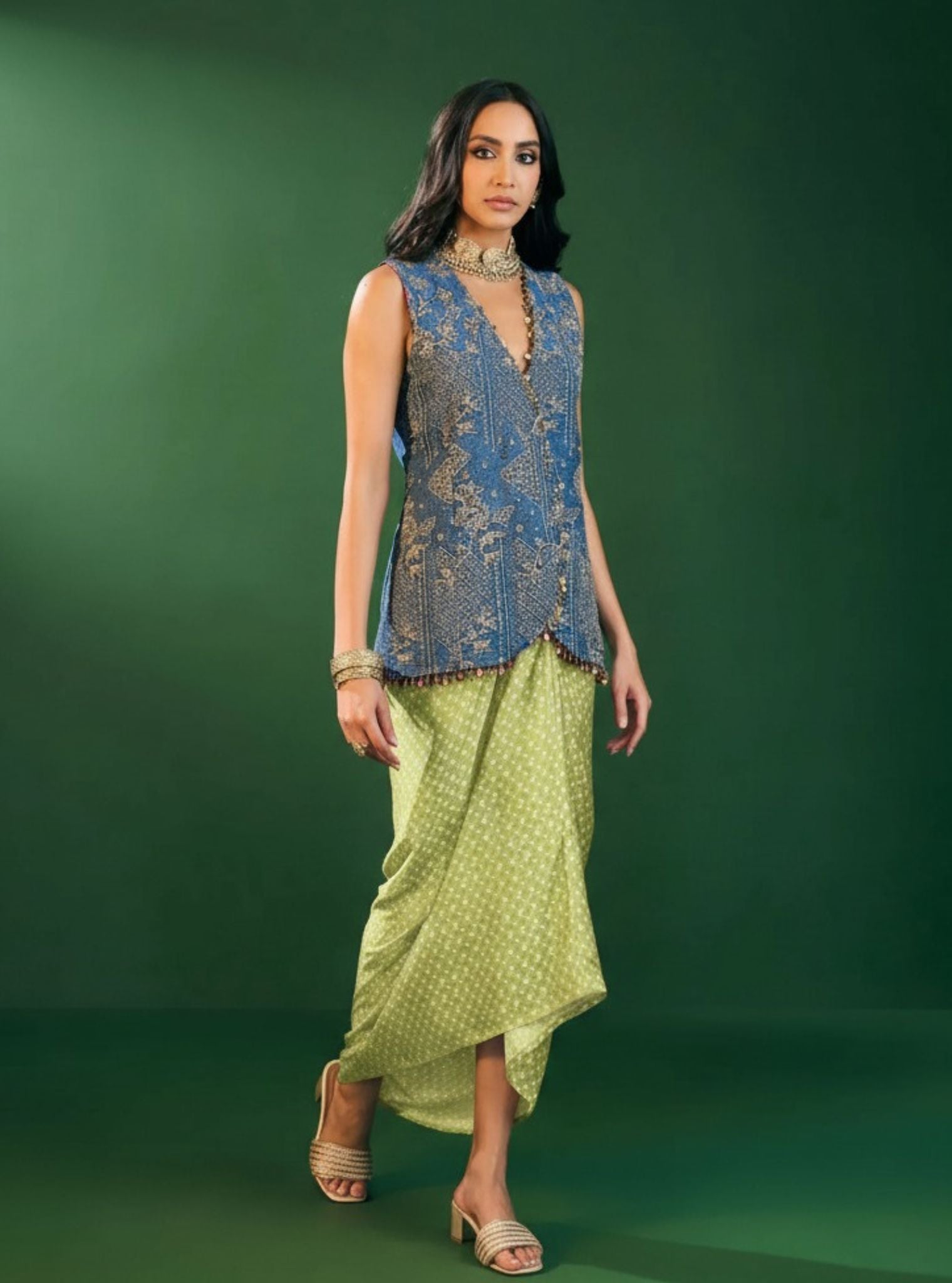 Lunira Denim Waistcoat With Cupro Satin Printed Sage Green Draped Skirt