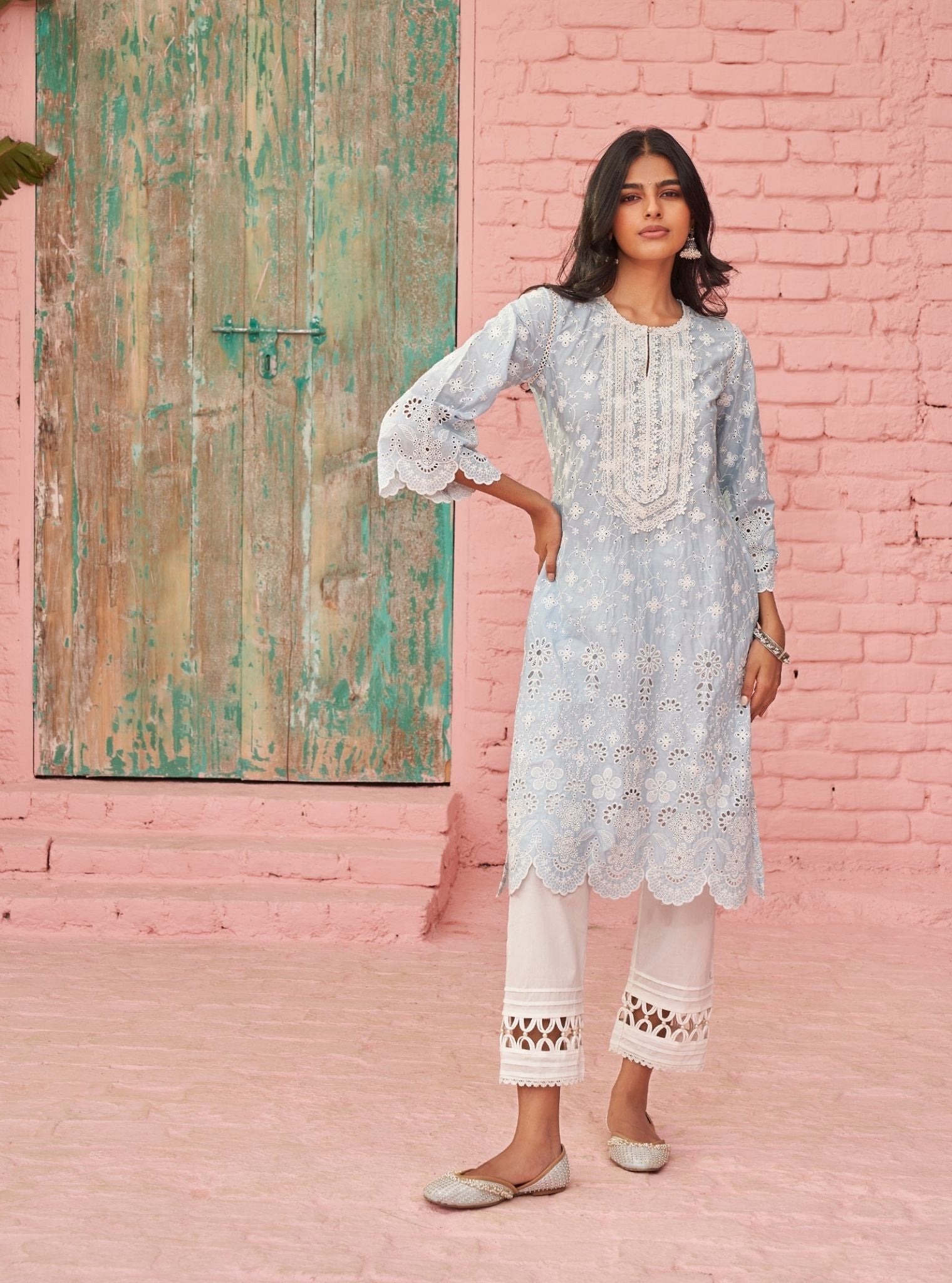Mulmul Supima Cotton Gauri Light Blue Kurta