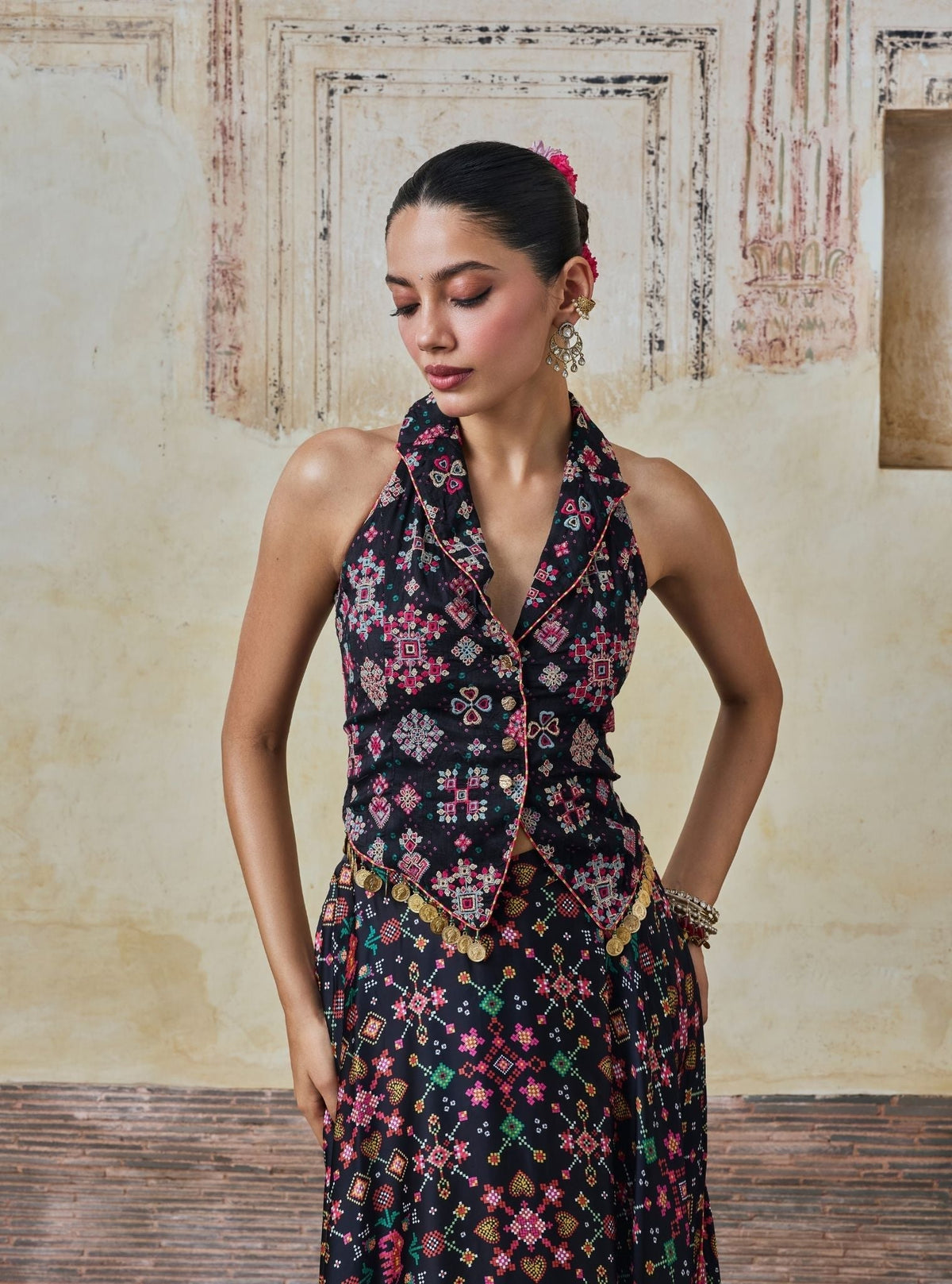 Sarangni Bemberg Raw Silk Printed Black Waistcoat & Skirt Set
