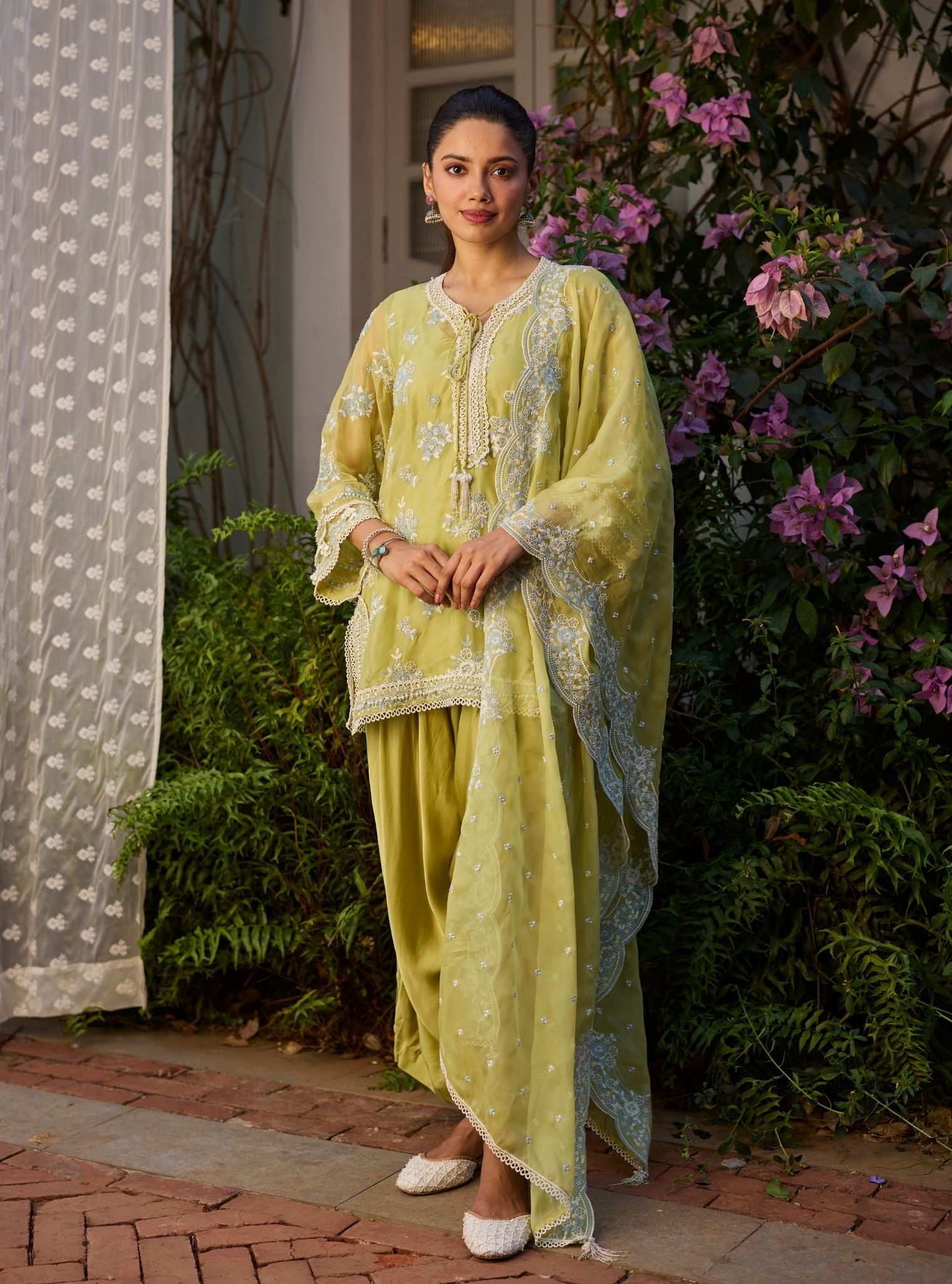 Zeni Organza Lime Kurta With Draped Pants