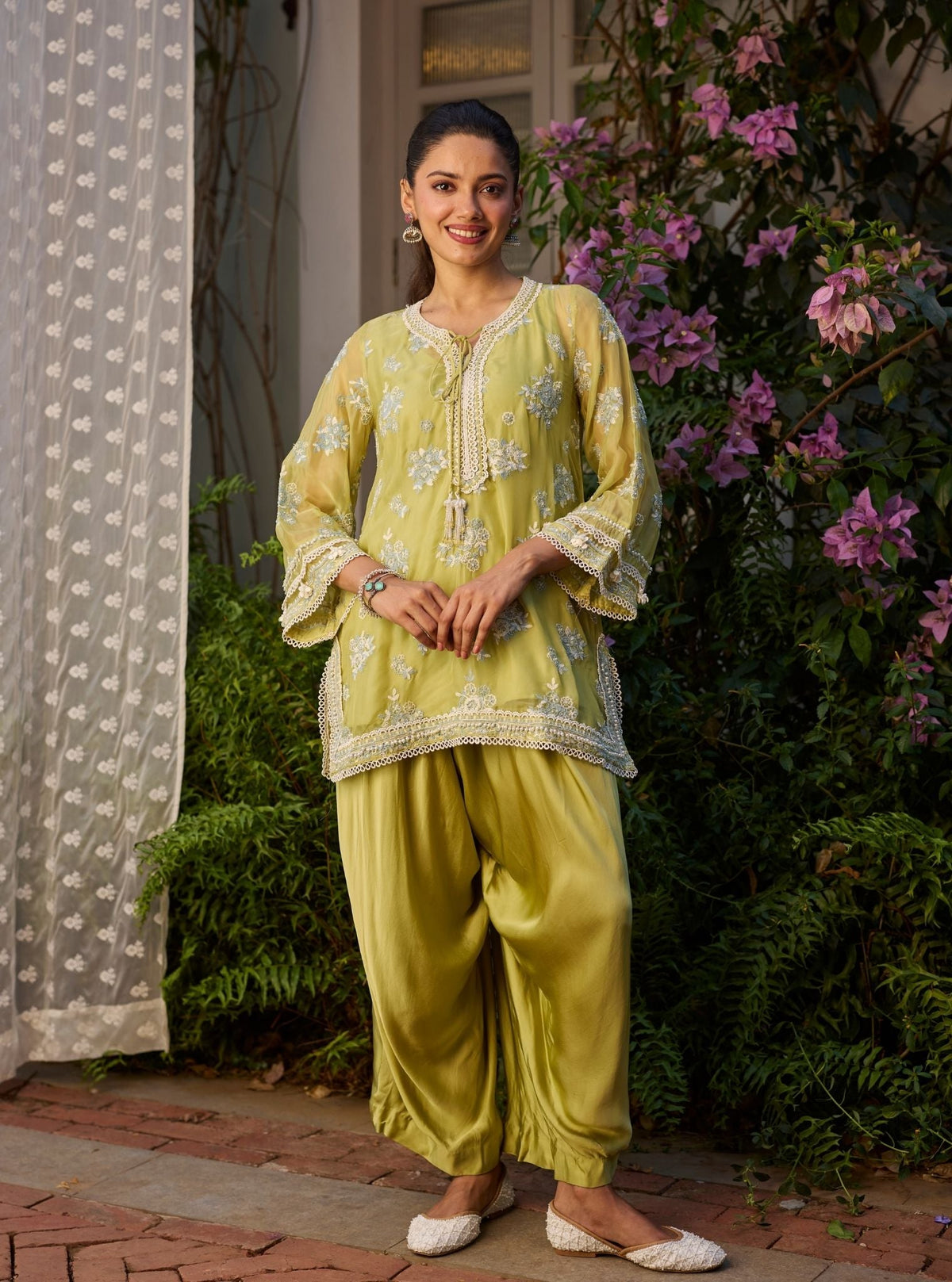 Zeni Organza Lime Kurta With Draped Pants