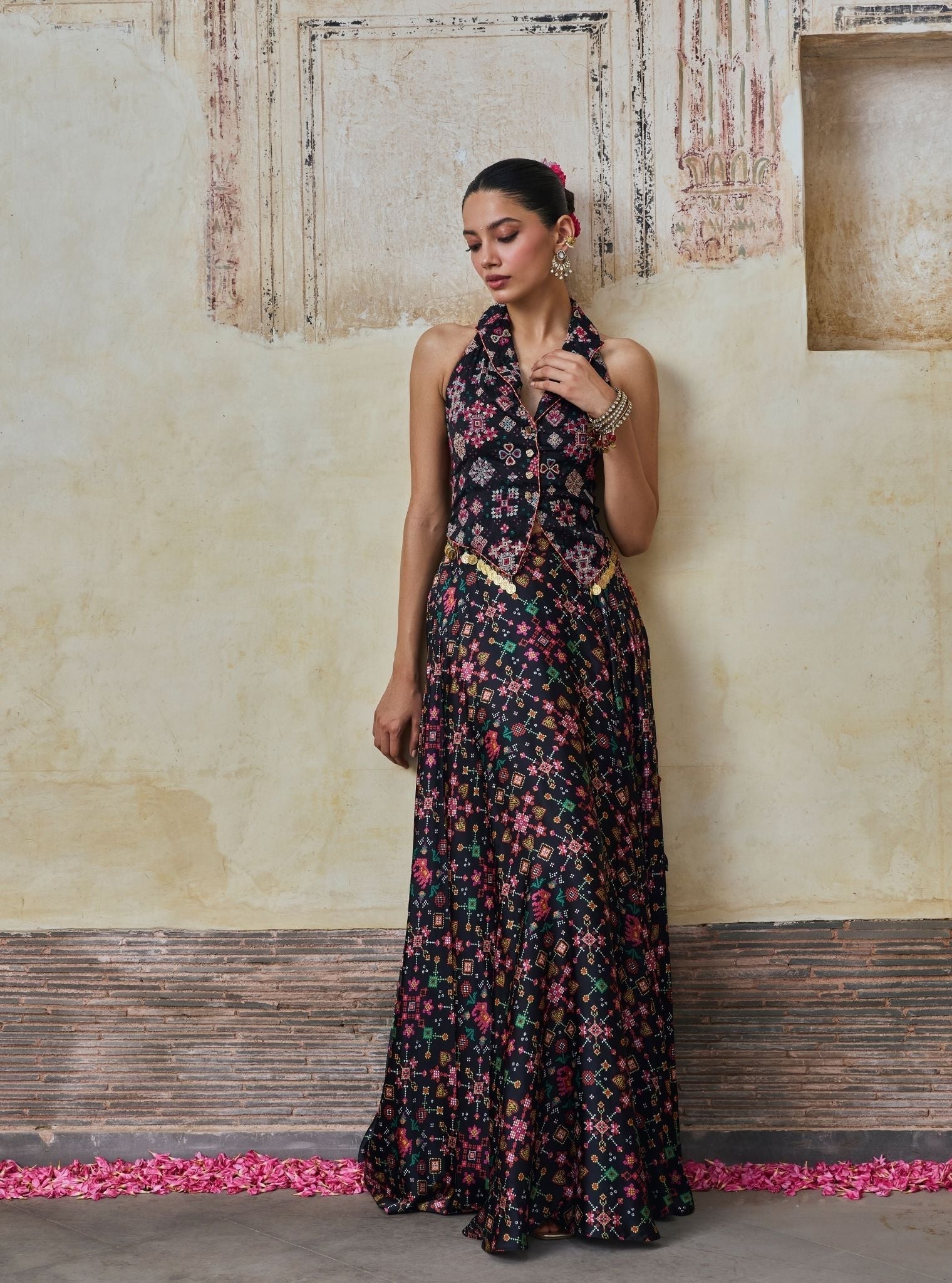 Sarangni Bemberg Raw Silk Printed Black Waistcoat & Skirt Set