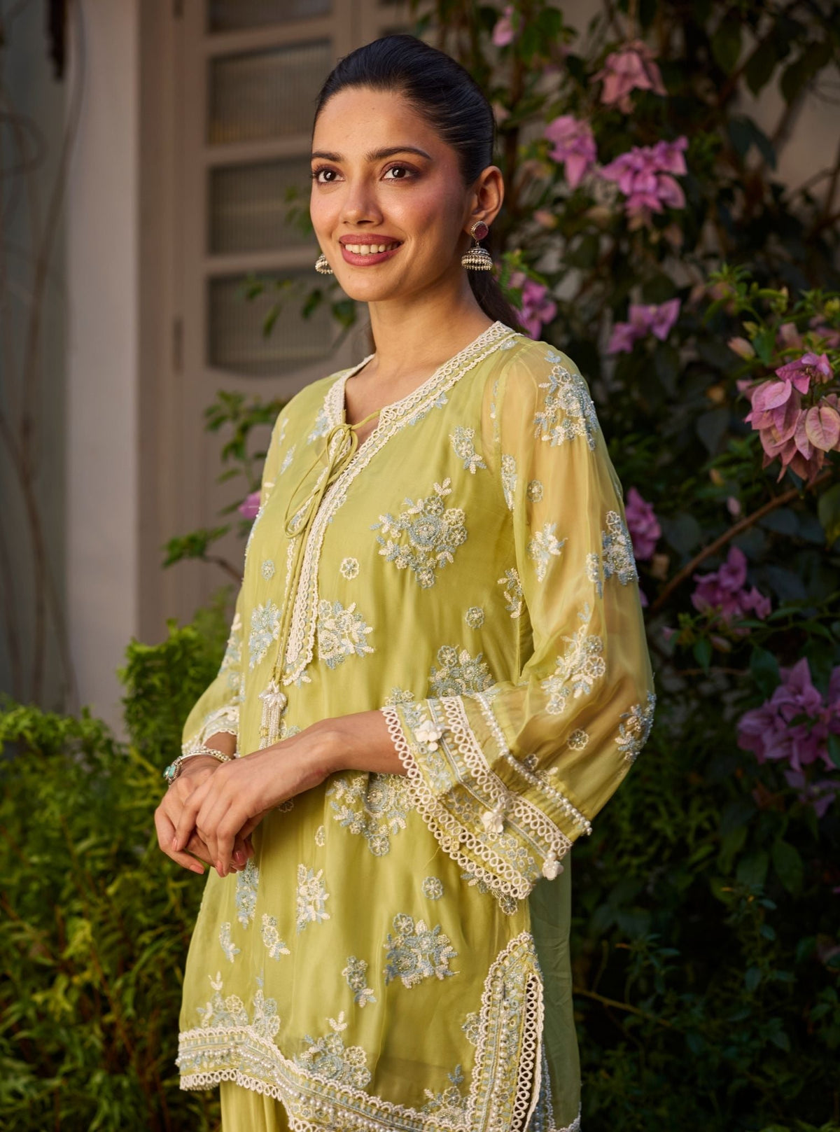 Zeni Organza Lime Kurta With Draped Pants